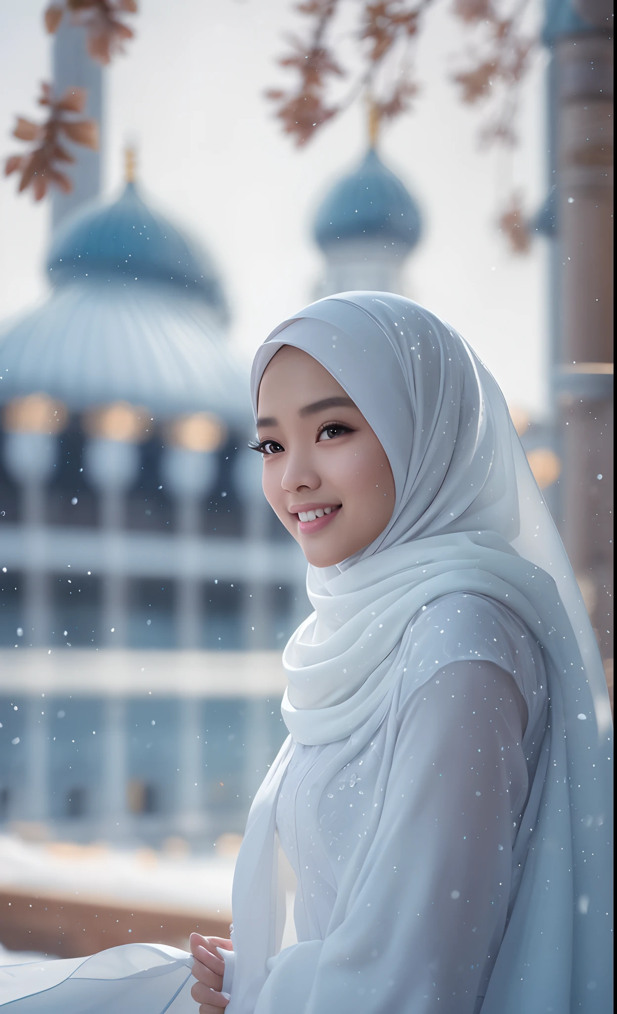 Best quality, 4K picture quality, 1 malay girl in hijab, white Hanfu, snow, long hijab fluttering in the wind, healing smile, large aperture, blurred background, mosque in background,