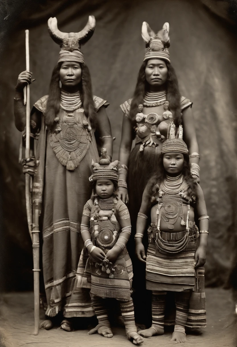 Full body, Tribal family wearing Jomon clay figurine masks, Take photos with strange animals, Capture in black and white, Photos from the 1900s, Gelatin silver print, Add noise, Old Photo Effects