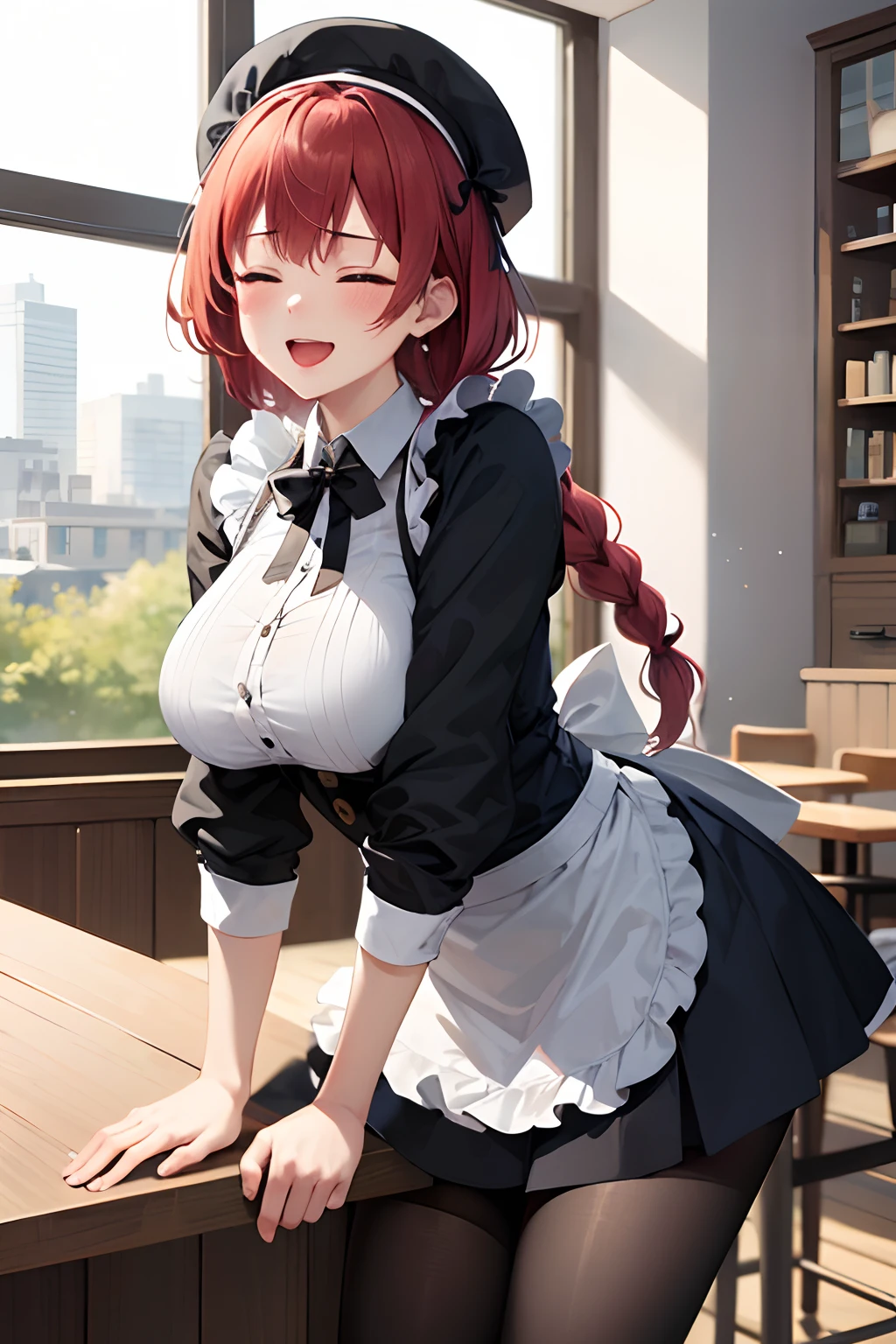 (masutepiece, of the highest quality), One girl, (skirts flip: 0.8), (Leaning forward: 0.3), bowing, full length, Looking down, gazing, Resting, girl, Makima, NSFW, , short height, maid, Maid Cap, Red hair, braided, side braids, Gentle look, Close eyes, Big Tits, (lip stick: 0.8), Black Pantyhose Black Pantyhose, lowfers, Laughing, Sleeping, closes mouth, Rest background, Indoors, cafes