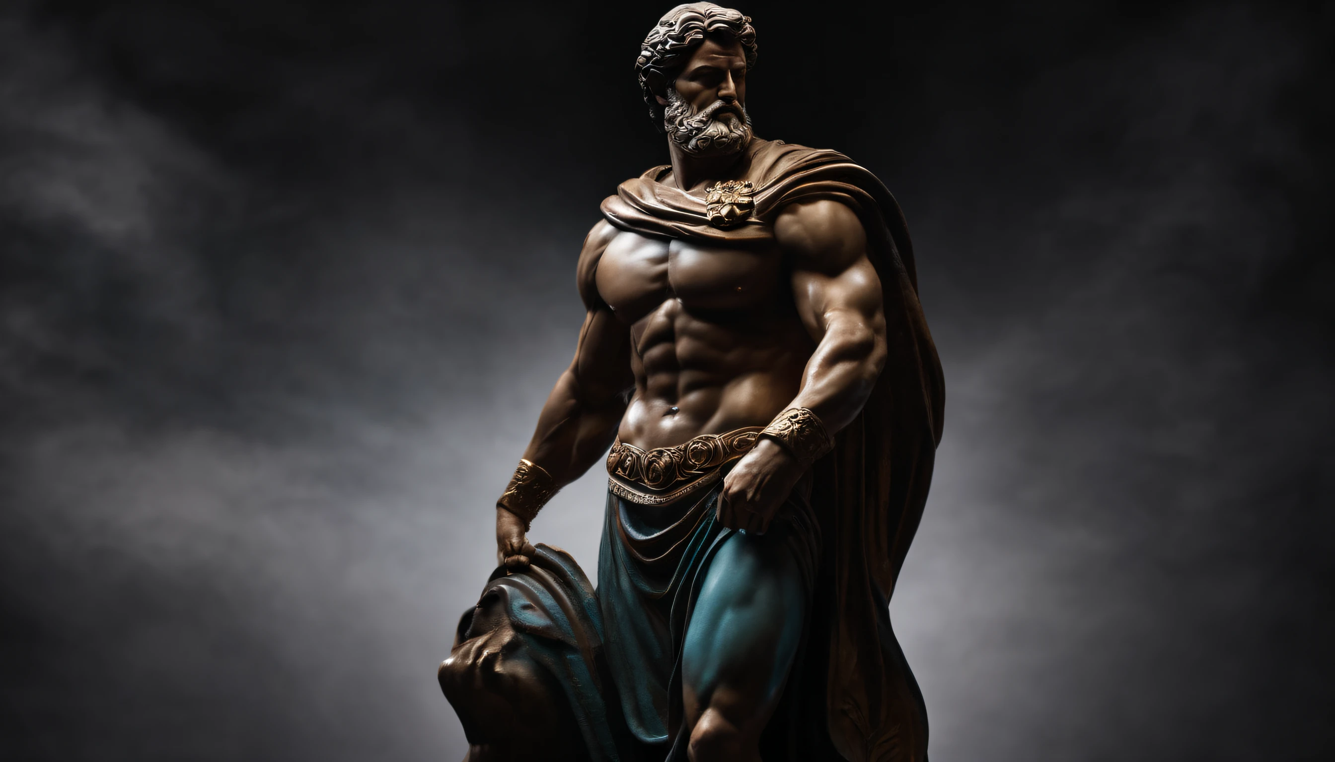 Stoic Greek Hercules style statue with highlighted muscles dark background