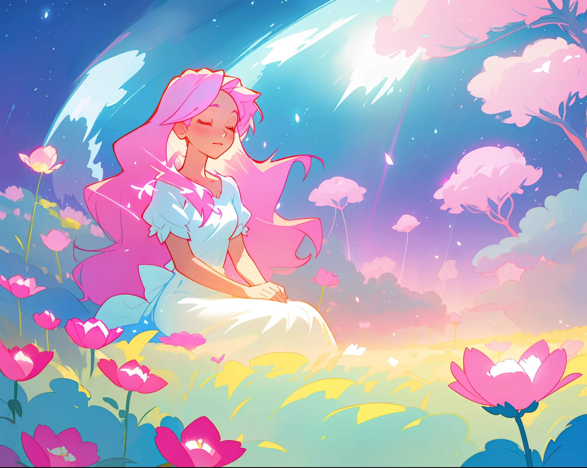 beautiful girl in white dress, fairy dress, beautiful girl sitting in a field with pink red flowers, glowing lights, whimsical landscape, long pink flowing hair, watercolor illustration, inspired by Glen Keane, inspired by Lois van Baarle, disney art style, by Lois van Baarle, glowing aura around her, by Glen Keane, jen bartel, glowing lights! digital painting, flowing glowing hair, glowing flowing hair, beautiful digital illustration, fantasia otherworldly landscape plants flowers, beautiful, masterpiece, best quality, anime disney style