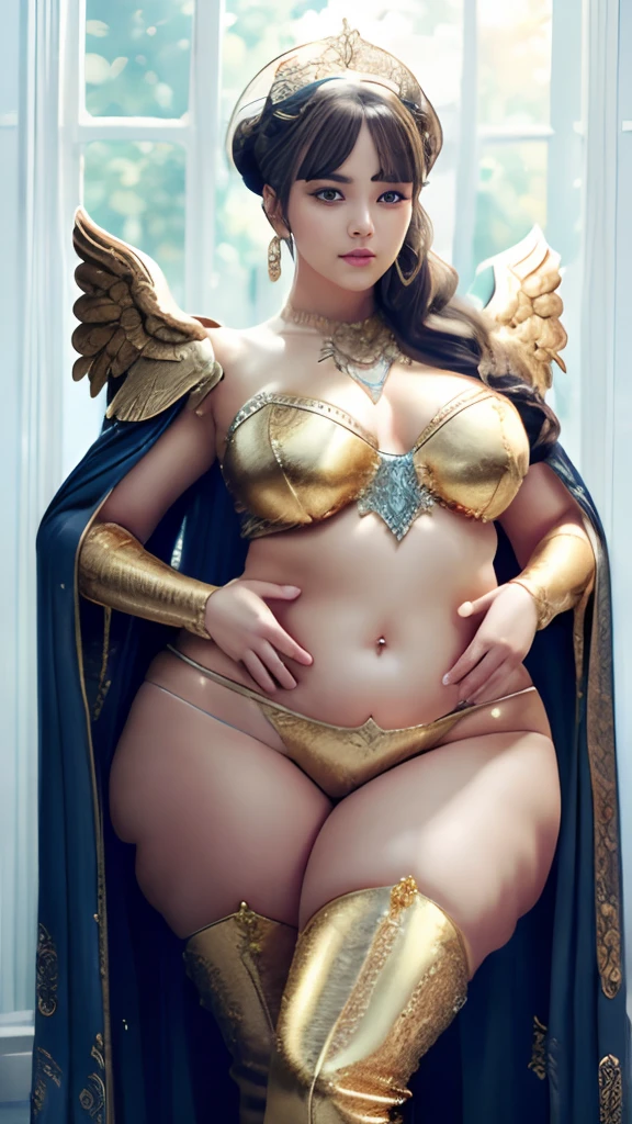 angelicales、The figure of an angel、White large wings、Wear golden Western-style armor、、Wearing golden armor、Wearing a golden suit、Very fat woman、Very fat woman、Round face、Fat face、large boob、thick waist、Big belly、big butts、thick thight、thick arms、Plump body、、masterpiece, top-quality,photos realistic, Detailed eyes and lips,Detailed iris,Realistically drawn skin,Limbs drawn in proper balance,Correctly drawn hands and fingers,I drew one thumb and four fingers in optimal proportions,number々Award-winning masterpieces of, with incredible detail, textures and maximum detail、hyper realstic、Realistic、Top quality real texture skins、fine perfectly symmetrical eyes、Beautiful face drawn in detail、Circle of angels of divine radiance overhead、Beautiful kind eyes、She has a blissful smile on her face、Beautiful colored eyes full of compassion、Her expression is serene full of tenderness and very beautiful、Large wings with pure white feathers behind the shoulders、Glass earrings on the ears,A beautiful necklace around the neck、Beautiful bracelet on the arm、dramatic photography、Golden hair、 short cut hair, ((Looking down)), Around her neck is a simple necklace of exquisite workmanship、Hyper Detailed, Intricate details、、Wings of Light Effect、spread your wings wide、a blond、blue eyess、Facing the front、 Wearing a small golden micro bikini、Bikini with gold embellishments、Wearing a small piece of armor on his chest、Wearing a small piece of armor in the crotch、 Small golden cloth、