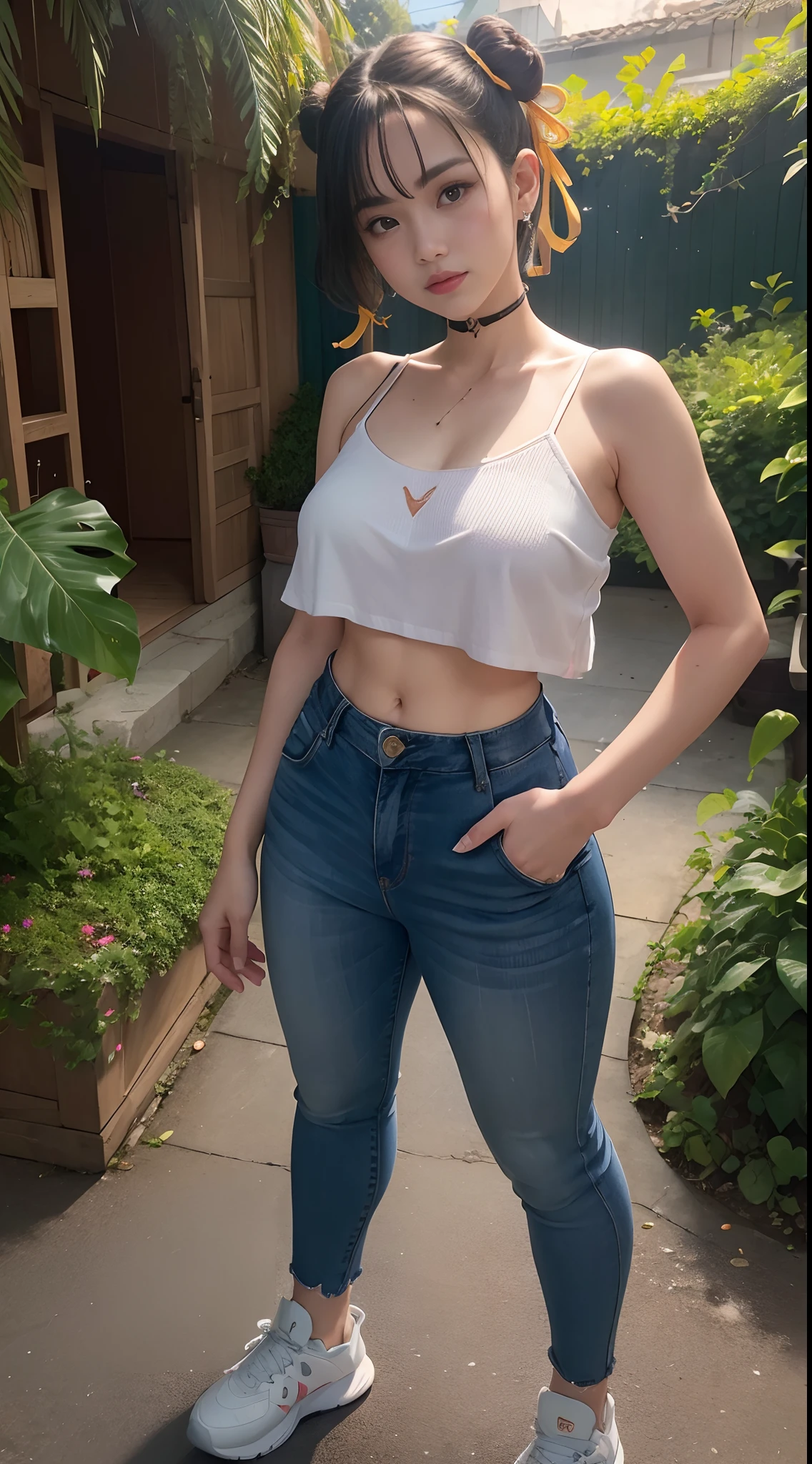 (master part, best quality:1.4), (Standing:1.5), 1 cinta, sozinho, Primavera Shunfa, Tampo Azul do Tanque, unidade, blue pants, terno apertado, yellow ribbon, short hair, sneaker, bareshoulders, (Mulheres jovens na Europa:1), Ver o visualizador, belo sorriso, beautiful face, Rosto altamente detalhado, olho altamente detalhado, Subsurface scattering, alunos realistas, blush de rosto inteiro, full pouty lips, Antecedentes detalhados, profundidade de campo, voluminetric lighting, foco nítido, absurdos, Realistic proportions, (Realistic, hiper-realista:1.4), HD de 16K, nua