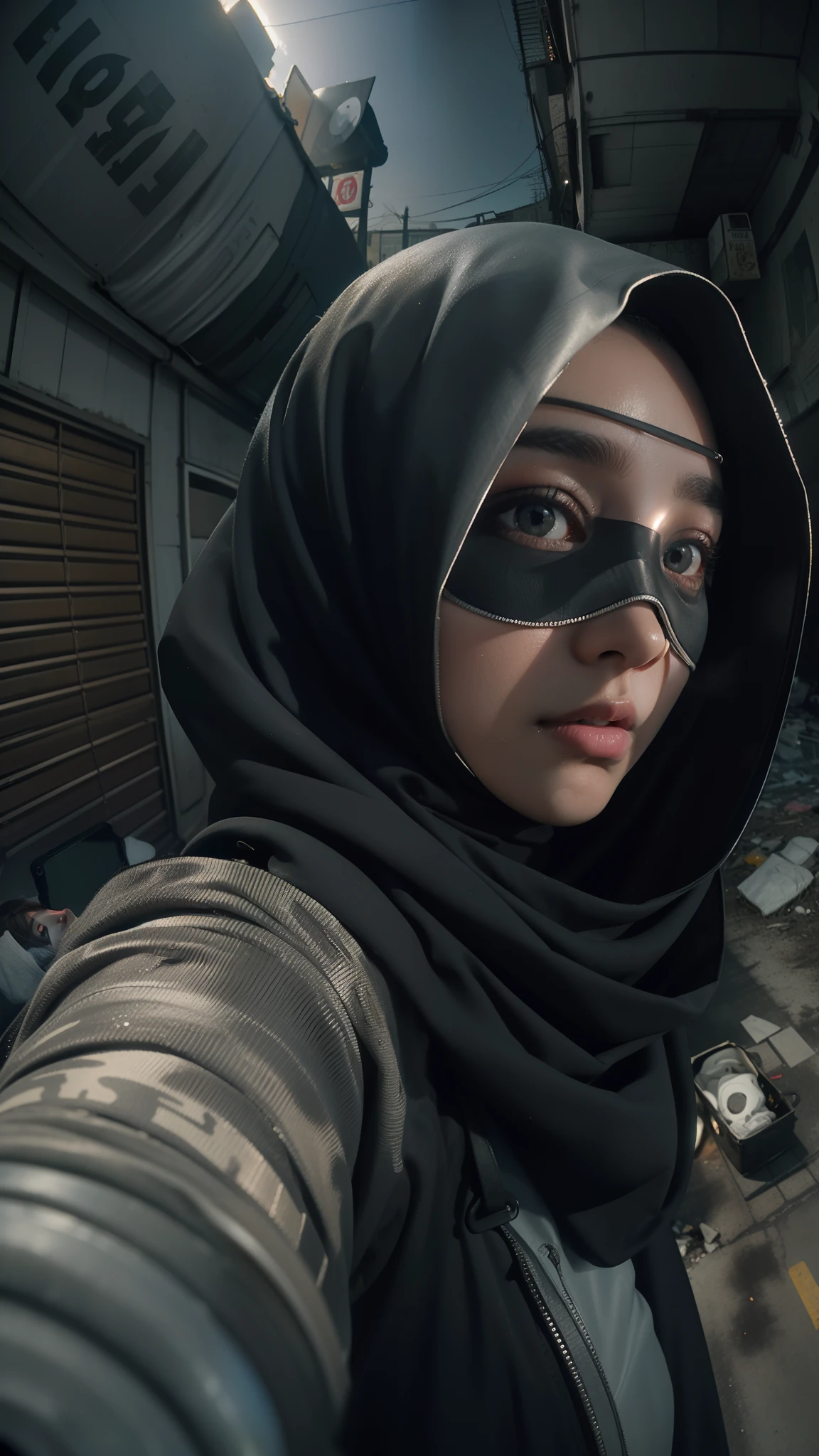 (Selfie, POV, 1 malay girl in hijab rogue agent wearing mask, in a empty abandoned dystopian street year 2010, wearing hijab, trashbags broken cars. (fisheye lens:1.2), nighttime analog style, masterpiece, (detailed eyes), best quality, epic, hyperrealistic, tom clancys the division concept art, cinematic lighting,
