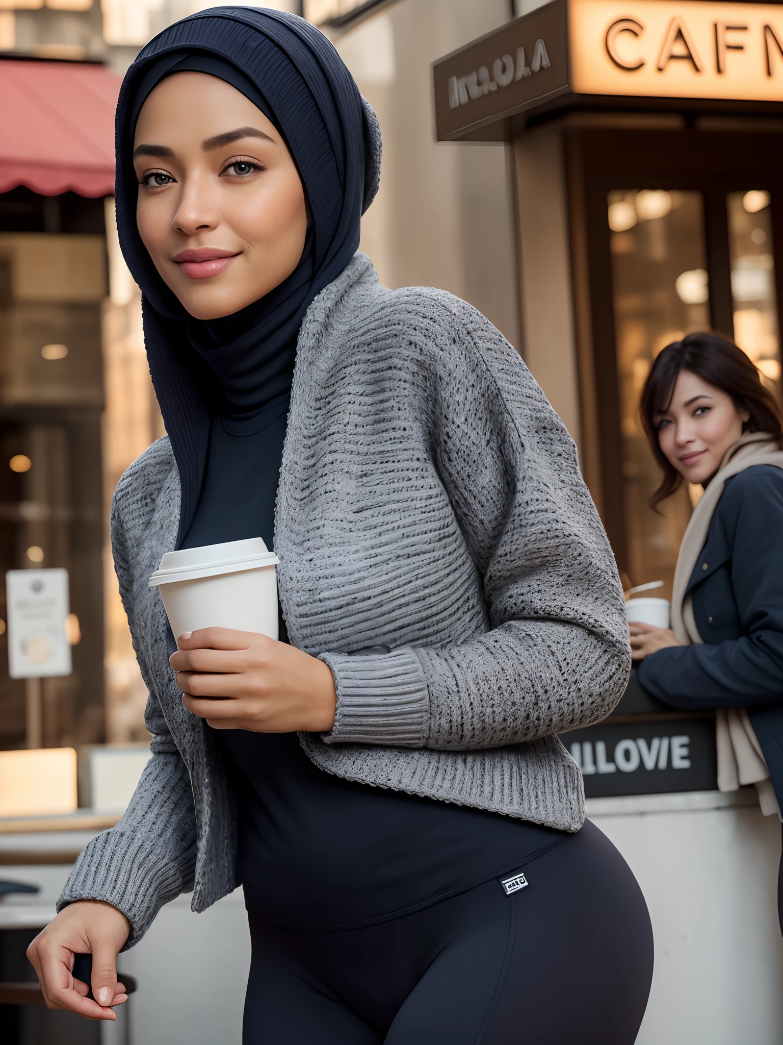 (masterpiece, best quality:1.4), (modern days), (cowboy shot), 1 malay girl in hijab, grey hijab, solo, pov, sfw,
stunning girlfriend, (standing:1.1), dynamic pose, (white oversized sweater, knit sweater:1.4), (tight yoga pants, dark grey yoga pants:1.4), (short navy blue jacket, denim jacket:1.4), heart shaped face, elegant face, beautiful face, highly detailed face, highly detailed skin, skin pores, subsurface scattering, (detailed blue eyes), realistic pupils, large sagging breast, camel toe, loving smile, looking at viewer, full face blush, full lips, holding a single coffee cup, centered,
coffee shop in background, city street, sunny day, wind, detailed background, depth of field, atmospheric perspective, volumetric lighting, sharp focus,
absurdres, realistic proportions, good anatomy, (realistic, hyperrealistic:1.4), 16k hdr,