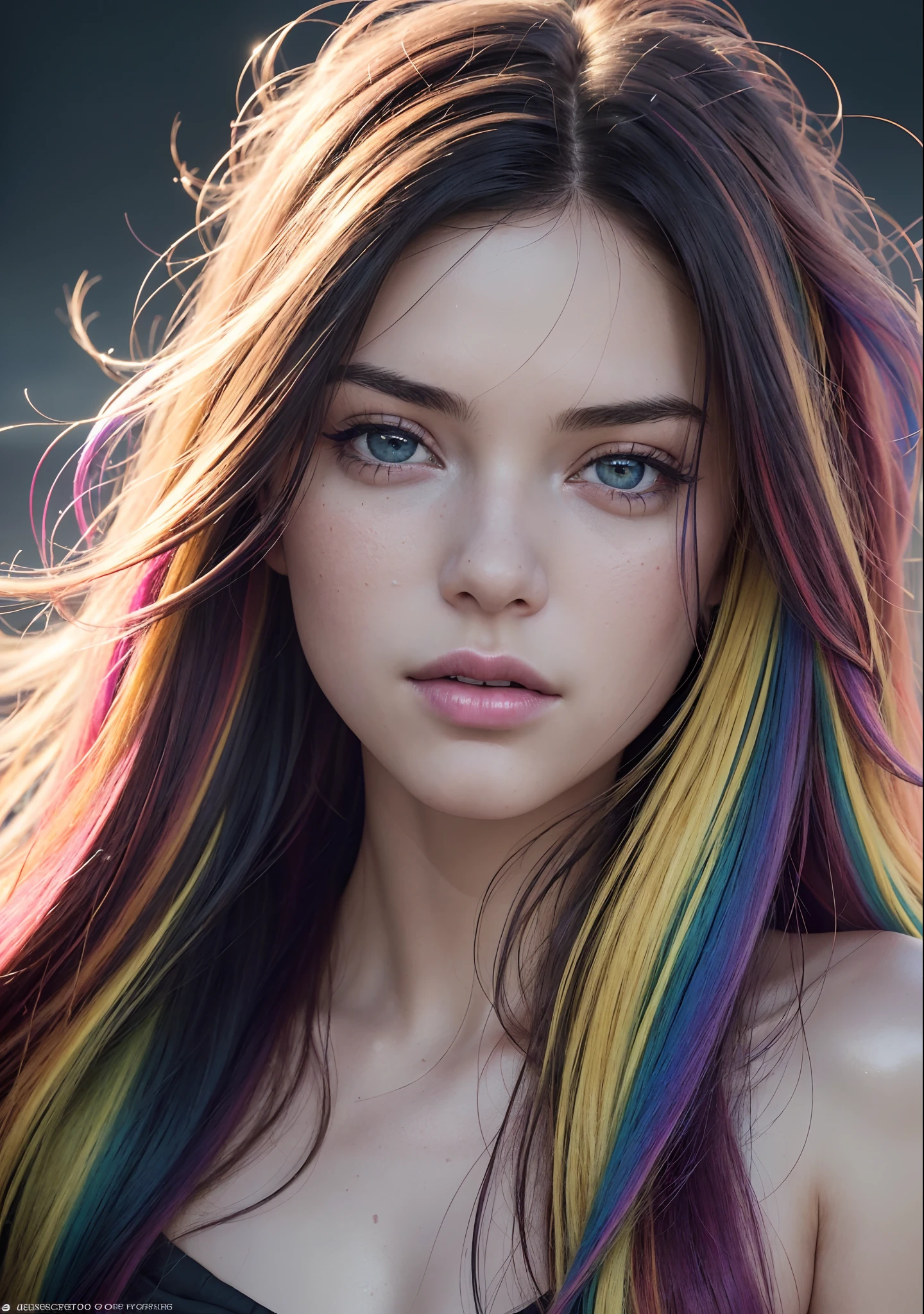 analog style, model shoot style, RAW photo ((portrait:1.8)) of a (young girl:1.5), ((colorful photo:1.5)), (long hair, multicolored hair:1.7), ((cute face: 1.7, perfect face:1.3)), looking at viewer, (shiny body:1.5, pale skin:1.5), best quality, epic (by lee jeffries and quentin tarantino photo, sony a7, 50 mm, pores:1.5, colors, hyperdetailed:1.5, film grain:1.4, hyperrealistic: 1.5), octane render, hyper-realistic lifelike texture, masterpiece, unreal engine 5, Extremely detailed CG unity 8k wallpaper, realistic eyes, UHD, HDR, DSLR, Madly detailed photo, (ecstasy of light and shadow, deep shadow), (Winner of the Pulitzer Prize for Photography and Taylor Wessing Photographic Prize)