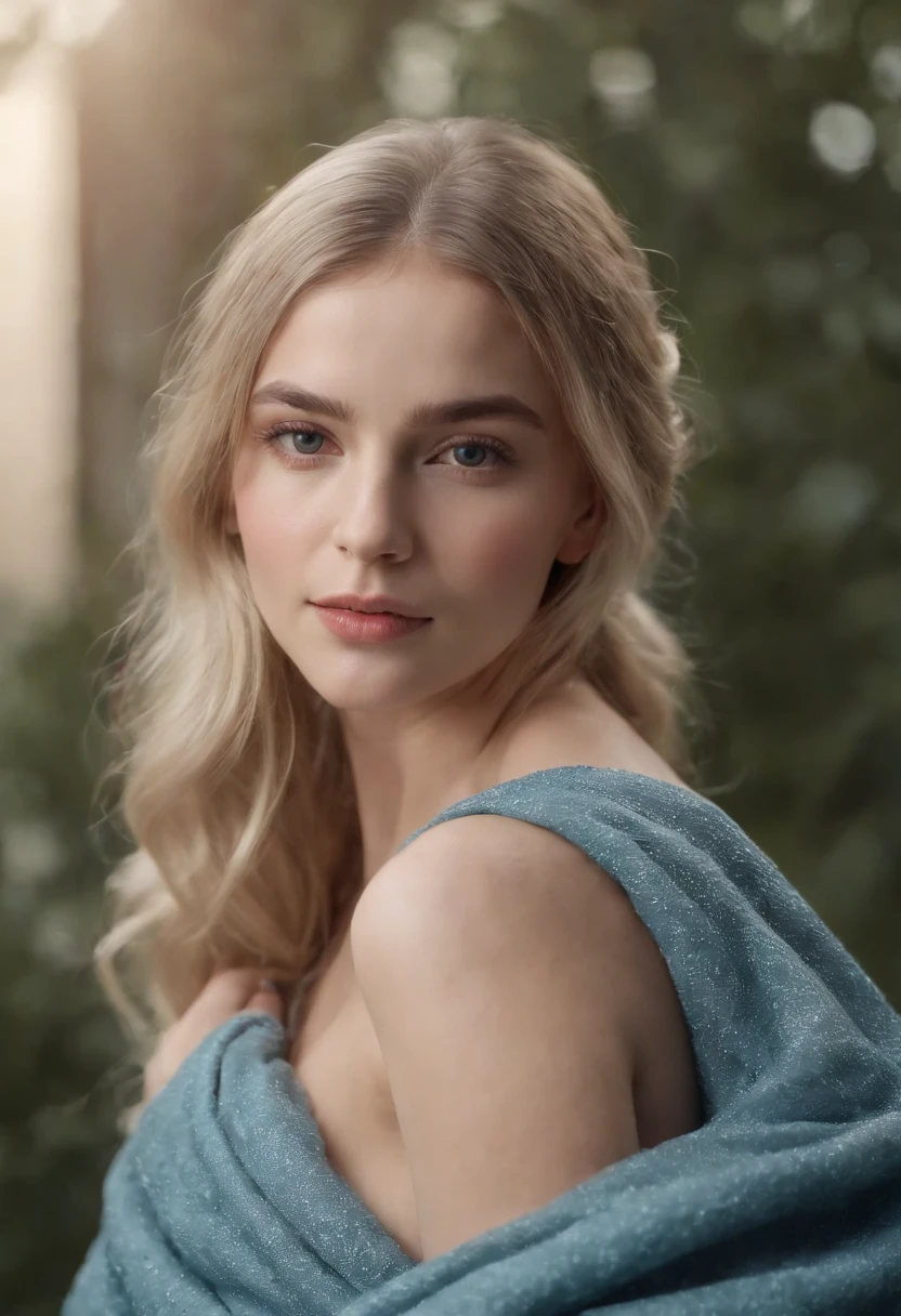 pale fair complexion, mulher em torno de 20 anos, cabelos castanhos naturais, vestindo kohl, Beautiful, seios grandes, olhar inocente, holding a child in your arms, the baby is asleep, Baby has silver blonde hair, The baby is wrapped in blue colored velvet blankets, Cenario quarto luxuoso bem iluminado, Ultra sharp focus, Filmagem realista, roupas femininas comportada , corpo inteiro, 8k, 4k, ultra realidade, Woman looks at camera.