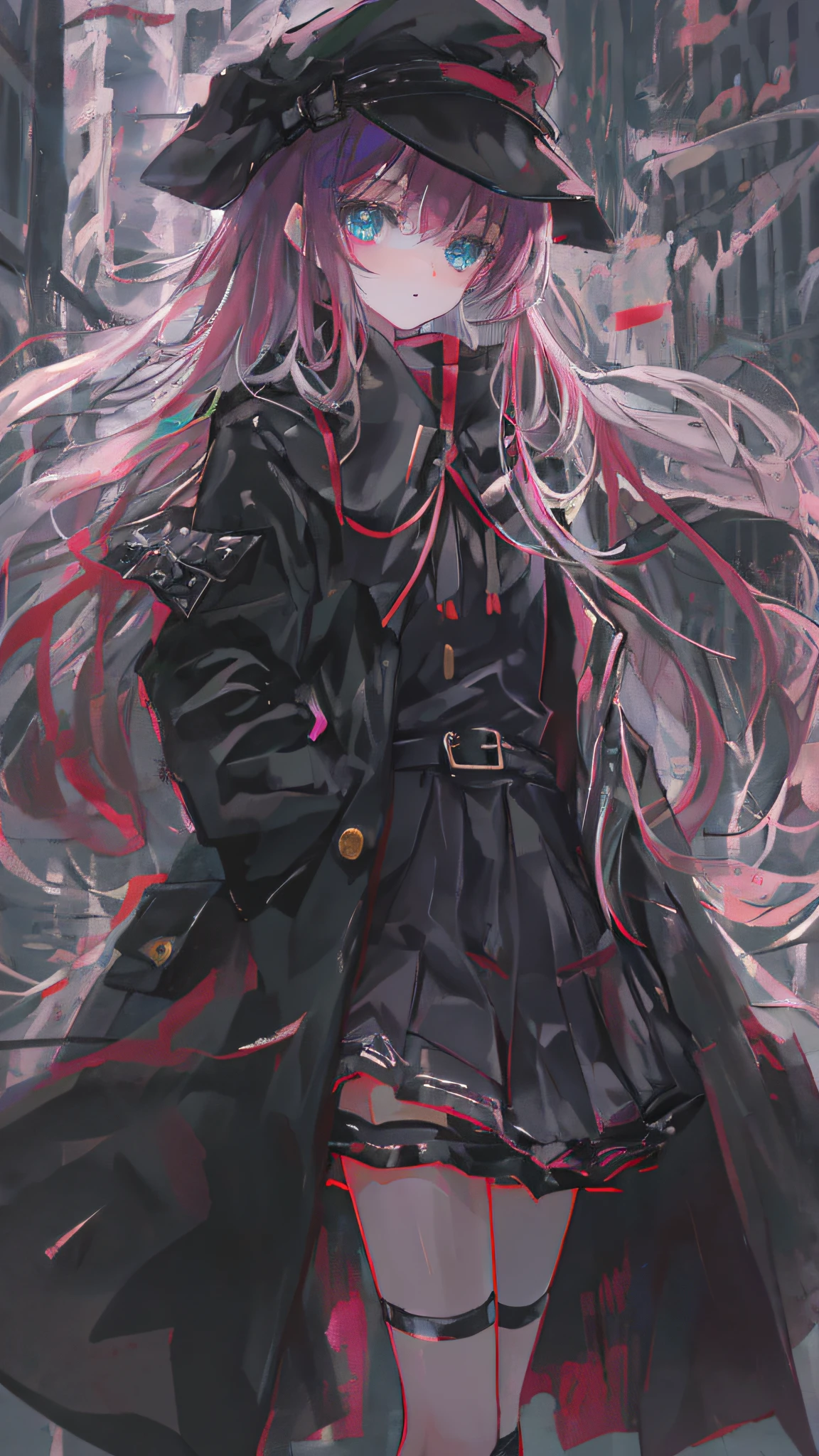 Anime shoujo，tmasterpiece，solo person，A tattered black trench coat，black over-the-knee socks，high qulity，Clear eyes，A masterpiece