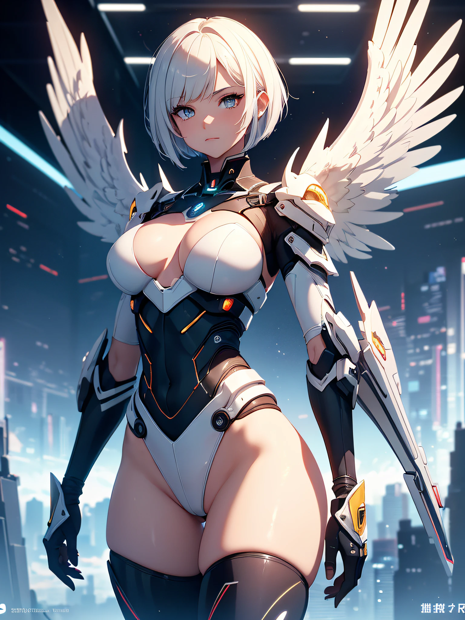 A girl with short bob hair, long sideburns, wearing angel swit with mecha wings, on tiptoe, heterochromic eyes, big ass, thick thighs, futuristic setting, {extremely detailed 16k CG unit wallpaper}, photography by expansive landscape, (a view from below with focus on the character and setting), (wide view of open field), (low angle shot), (high light: 1.2), (low light: 1.8), (light source warm: 1.4), complex details, (iridescent colors: 1.5), (bright lighting), (atmospheric lighting), dreamy, aesthetic,