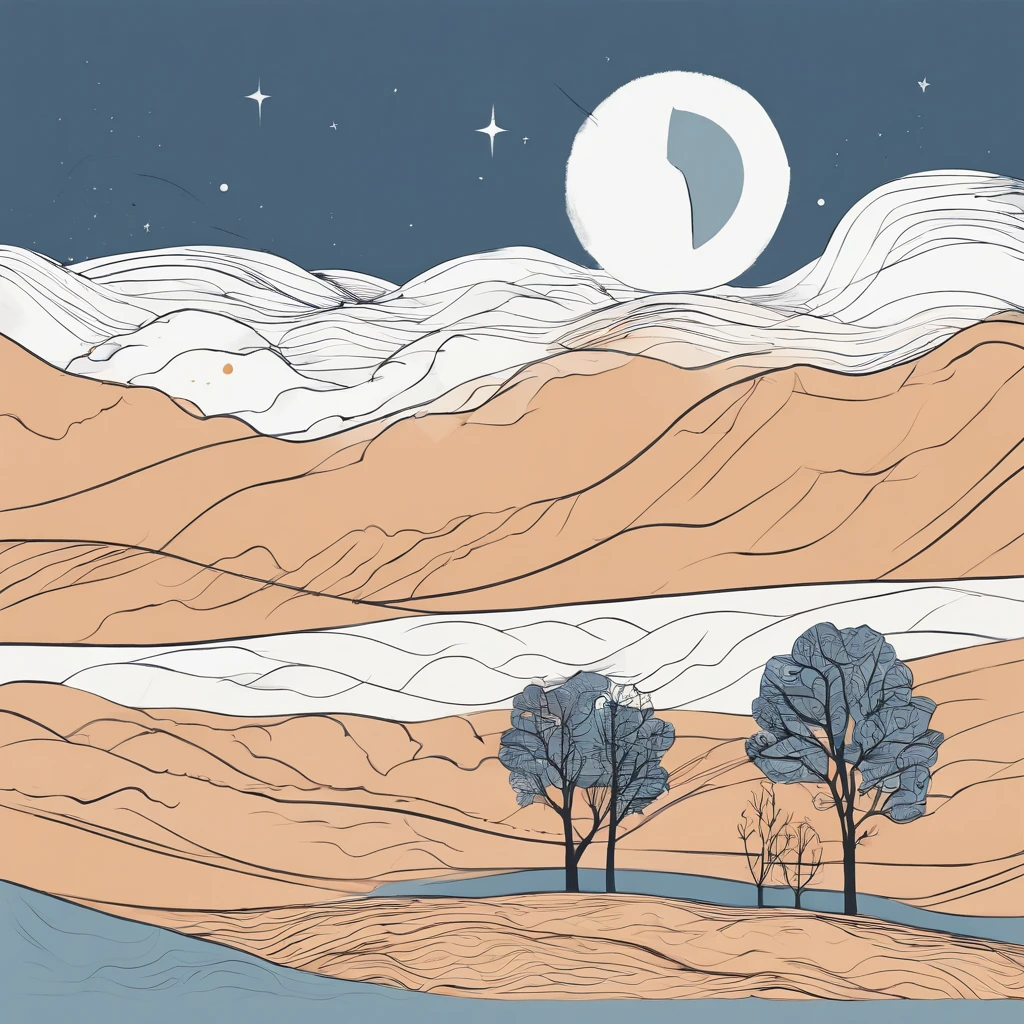 Simple landscape painting,Ancient wind,Around eleven o'clock in the evening,Clouds,themoon,Plain and minimalist,Hand drawn watercolor,Star blue