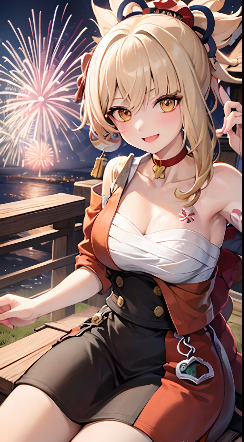 1girll,Cowboy shot,Sitting,chair, Fireworks,Evening,joy,origin,