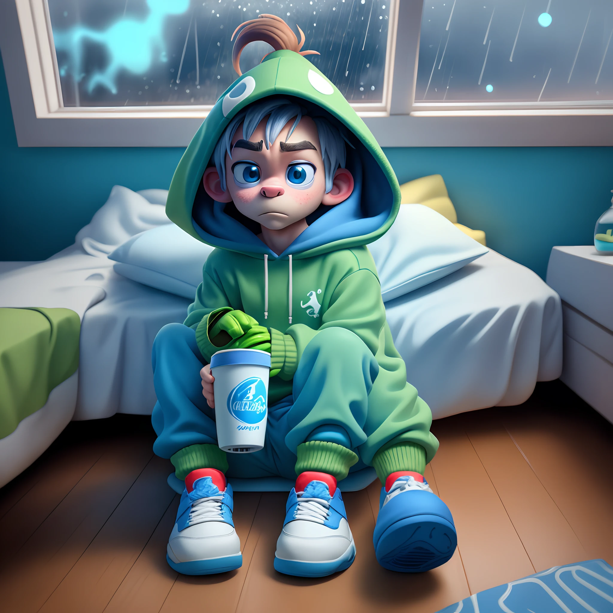 hyper realistic grinch in his room sitting on his bed while it's raining outside the window and he looks sad and he's wearing a hoodie and joggers with glowing blue Jordan 5s and he's holding a white cup stacked on another white cup with glowing blue juice in the inside and there a glowing blue pills on the floor