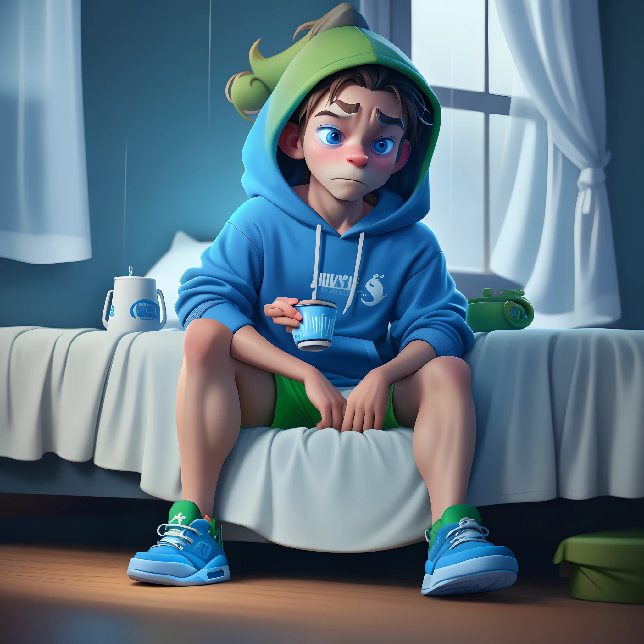 hyper realistic grinch in his room sitting on his bed while it's raining outside the window and he looks sad and he's wearing a hoodie and joggers with glowing blue Jordan 5s and he's holding a white cup stacked on another white cup with glowing blue juice in the inside and there a glowing blue pills on the floor