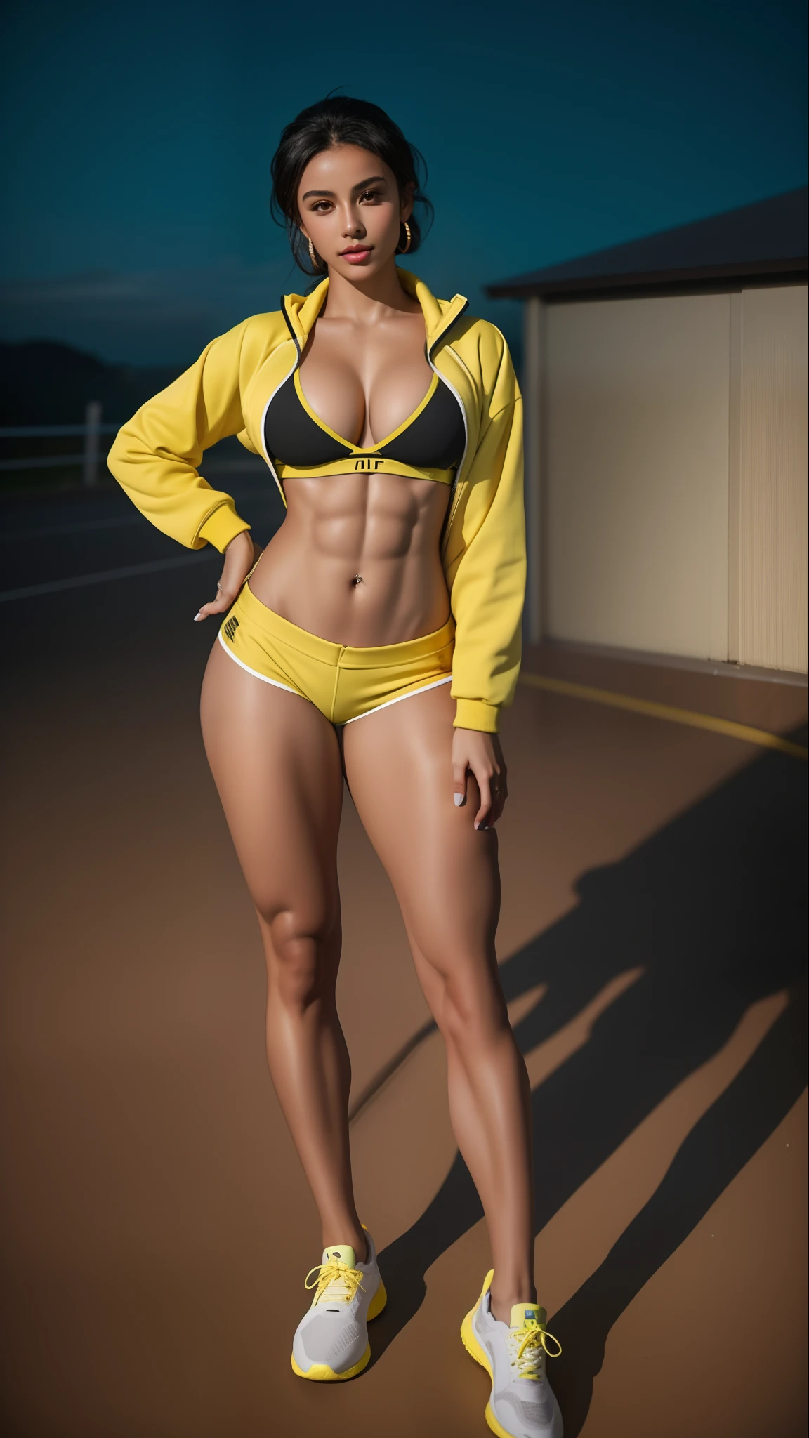 Alafi woman in yellow jacket and yellow shorts poses for photo, Body movement, fit curvy physique, Fitness model, Toned body, fit physique, fit body, fit girl, Attractive body, fit woman, fit pic, atheletic body, well toned, great body, crop shirt and strong abs, The fullest body, Bra and shorts streetwear, Perfect body