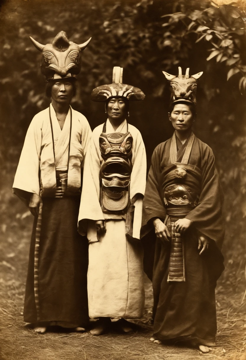 Full body, Ancient Japan, Tribal family wearing tribal scary masks, Take photos with strange animals, a polaroid photo, Gelatin silver print, Add noise, Old Photo Effects