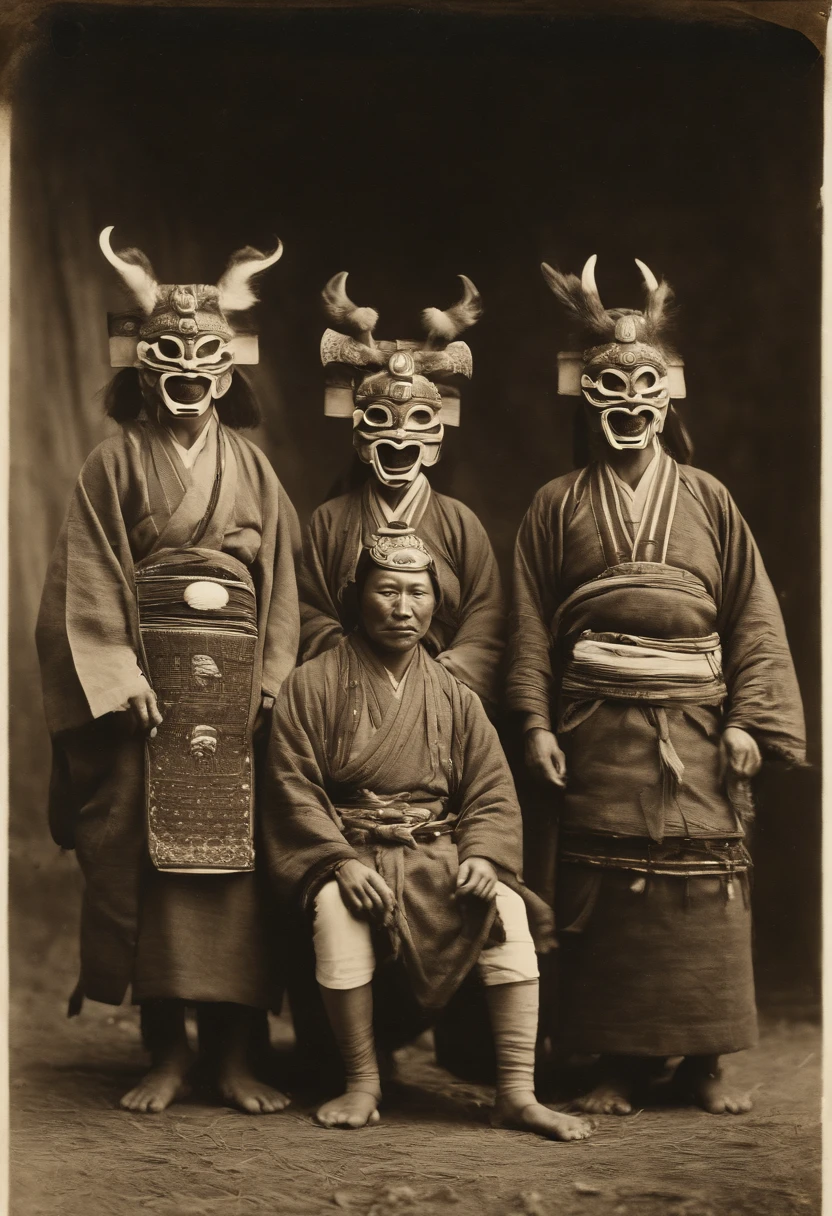 Full body, Ancient Japan, Tribal family wearing tribal scary masks, Take photos with strange animals, a polaroid photo, Gelatin silver print, Add noise, Old Photo Effects