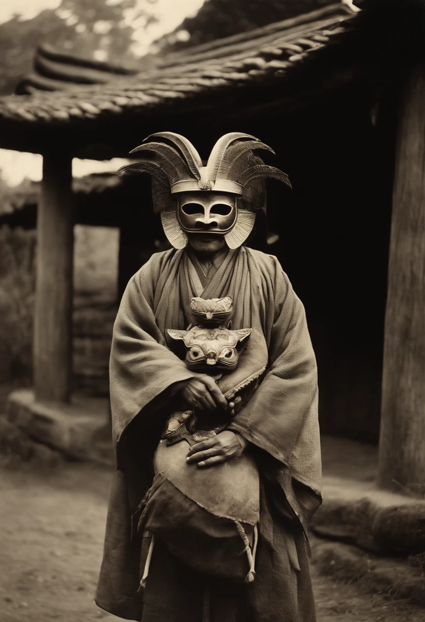 Full body, Ancient Japan, Tribal family wearing tribal scary masks, Take photos with strange animals, a polaroid photo, Gelatin silver print, Add noise, Old Photo Effects