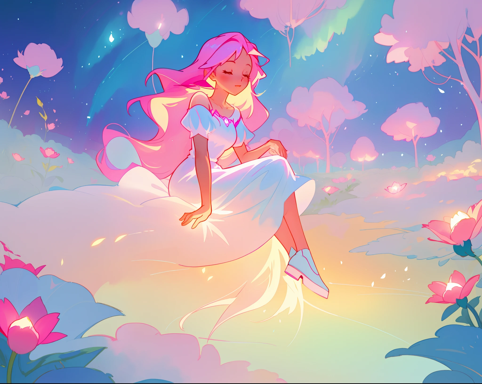 beautiful girl in white dress, fairy dress, beautiful girl sitting in a field with pink red flowers, glowing lights, whimsical landscape, long pink flowing hair, watercolor illustration, inspired by Glen Keane, inspired by Lois van Baarle, disney art style, by Lois van Baarle, glowing aura around her, by Glen Keane, jen bartel, glowing lights! digital painting, flowing glowing hair, glowing flowing hair, beautiful digital illustration, fantasia otherworldly landscape plants flowers, beautiful, masterpiece, best quality, anime disney style
