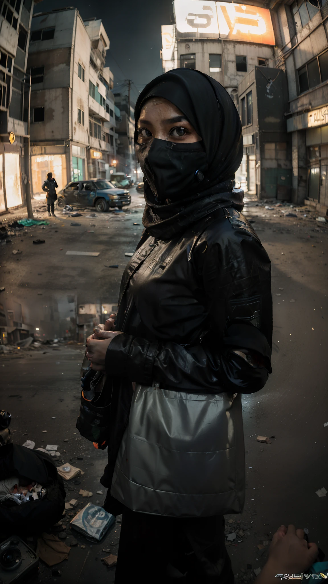 (Selfie, POV, 1 malay girl in hijab rogue agent wearing mask, in a empty abandoned dystopian street year 2010, wearing hijab, trashbags broken cars. (fisheye lens:1.2), nighttime analog style, masterpiece, (detailed eyes), best quality, epic, hyperrealistic, tom clancys the division concept art, cinematic lighting,