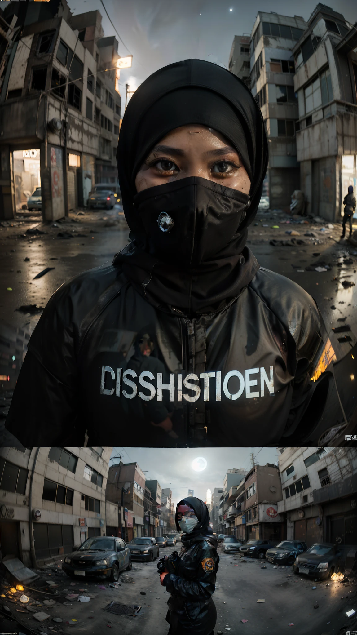 (Selfie, POV, 1 malay girl in hijab rogue agent wearing mask, in a empty abandoned dystopian street year 2010, wearing hijab, trashbags broken cars. (fisheye lens:1.2), nighttime analog style, masterpiece, (detailed eyes), best quality, epic, hyperrealistic, tom clancys the division concept art, cinematic lighting,