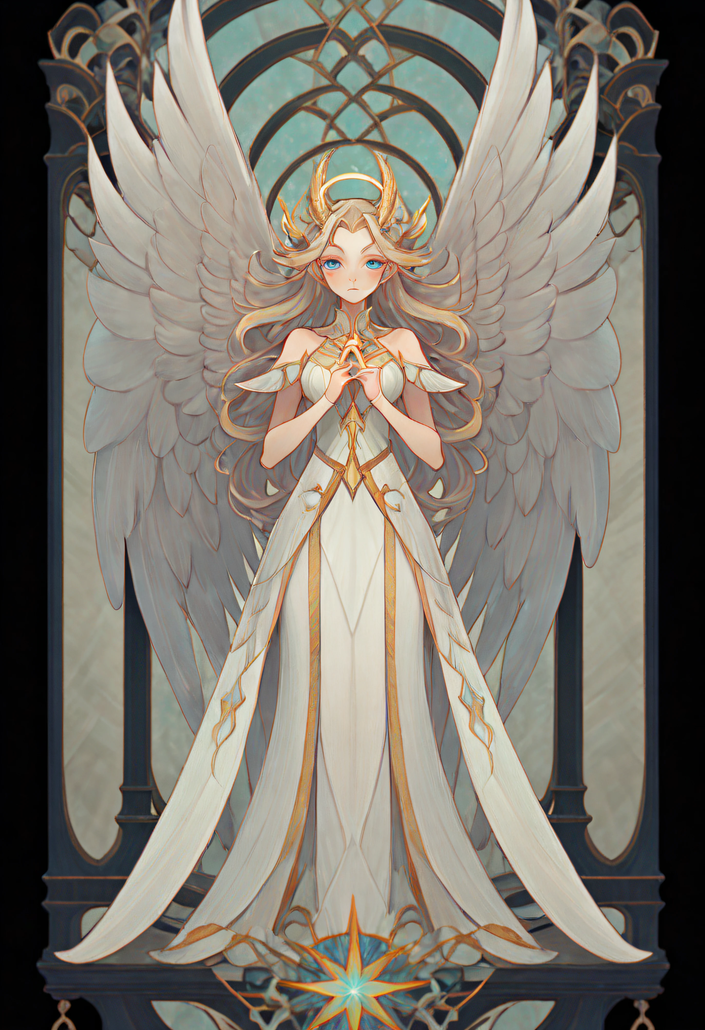 Full body portrait of 1 girl, angelicales, Angel wings, Gorgeous long dress, standing on your feet, (((独奏))), Clear facial features, Simple line design, ((tarot card background, symmetric beauty)), perfectly symmetrical, The art of symmetry, Standing drawings of characters, ((flatcolors)), tmasterpiece，top Quority，best qualtiy，超高分辨率, ((Clear facial features，beautidful eyes，beauitful face, Exquisite facial features))