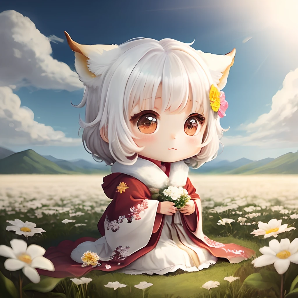 Anime style、robe blanche、kawaii、Chibi Chara Kirin、flower  field