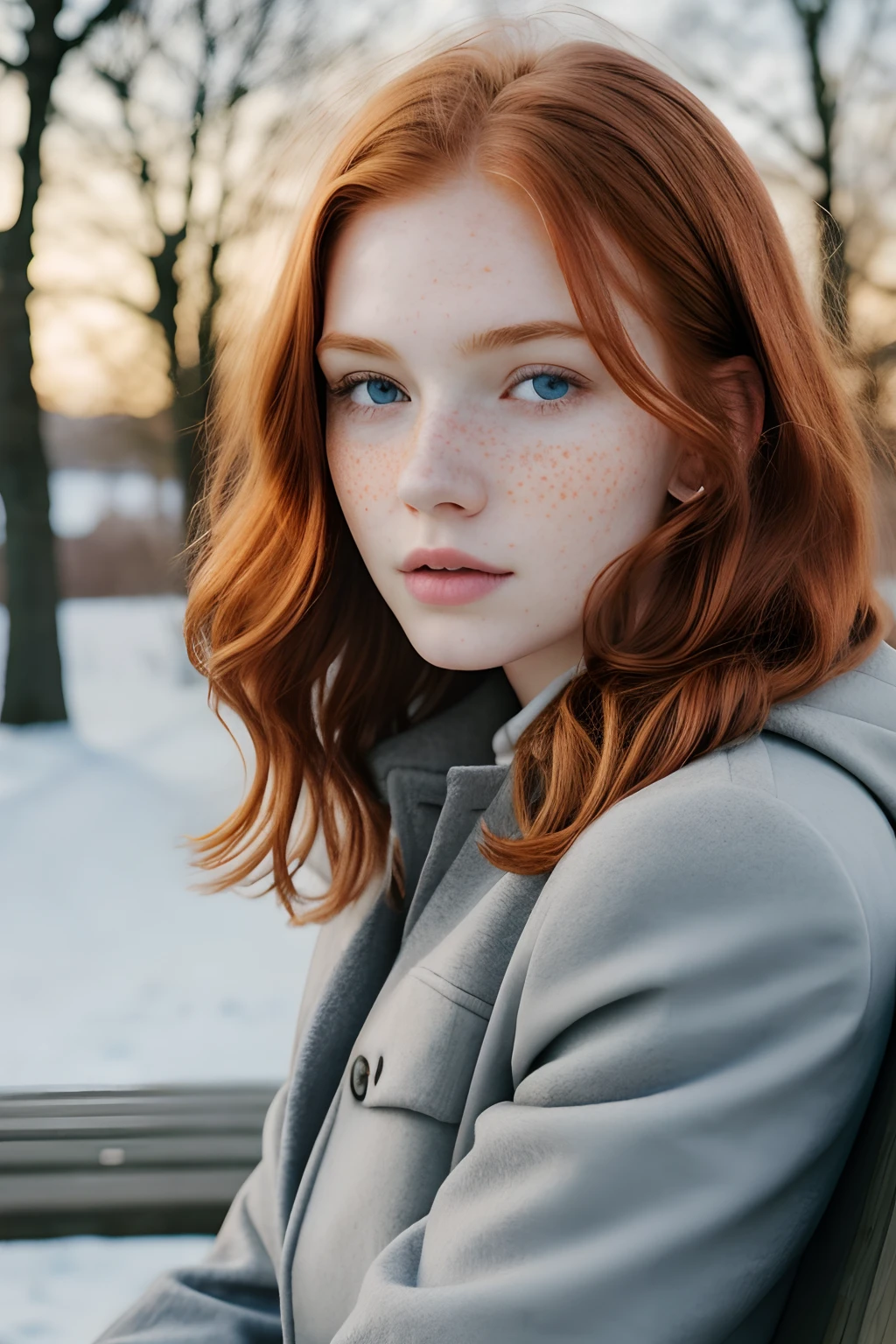 1girl in, age19, Solo, Aesthetic artwork, irish  redhead, wavy ginger hair, shoulder length ginger hair, gray eyes, light grey eyes, some small freckles, pale skin, A-cup, small breasts, runners body, (textured skin, skin pores:1.1), (moles:0.8), imperfect skin, goosebumps, on a park bench sitting down, snow, snowy city park background, relaxing, innocent, (extremely detailed 8k wallpaper), (soft lighting), high quality, film grain, Fujifilm XT3 sharp focus, f 5.6, 50mm, High Detail, Sharp focus, (outdoor light), (in a purple winter jacket: 1.8). A purple jacket, fluffy lining, crazy details, complex details, hyperdetailed