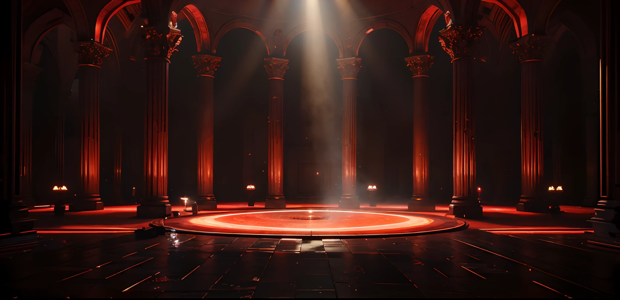 Arafed image of a stage with a circular light in the middle, dramatic lighting render, Unreal Engine 5 lighting, red and cinematic lighting, Dramatic lighting. concept-art, voluminetric lighting. Red, decadent throne room, Unreal Engine lumens, unreal engine 5 render dramatic, Throne Room, voluminetric lighting. fantasy, 8 k''. voluminetric lighting. Dark