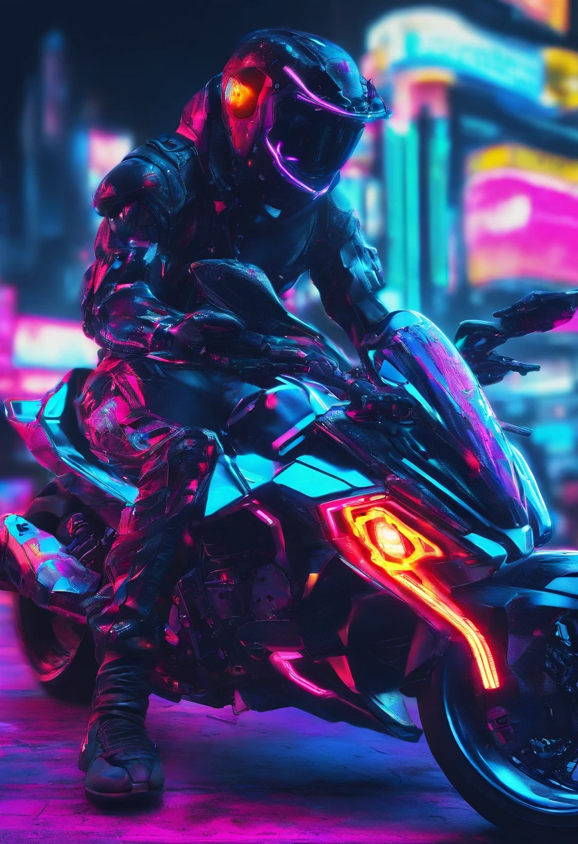 Motocicleta estilo cyberpunk, colorido em preto e neon, featuring complex and intricate mechanical structures with shiny parts. fundo simples, Fotografado por Juergen Teller. CAMERA MODEL: Sony a9 II. Camera parameters: Velocidade do obturador 1/200, Abertura F4.5, ISO 800 Certificate. Lighting style: street lighting. Palavras de fantasia: poderoso, Elegante, Futuristic
