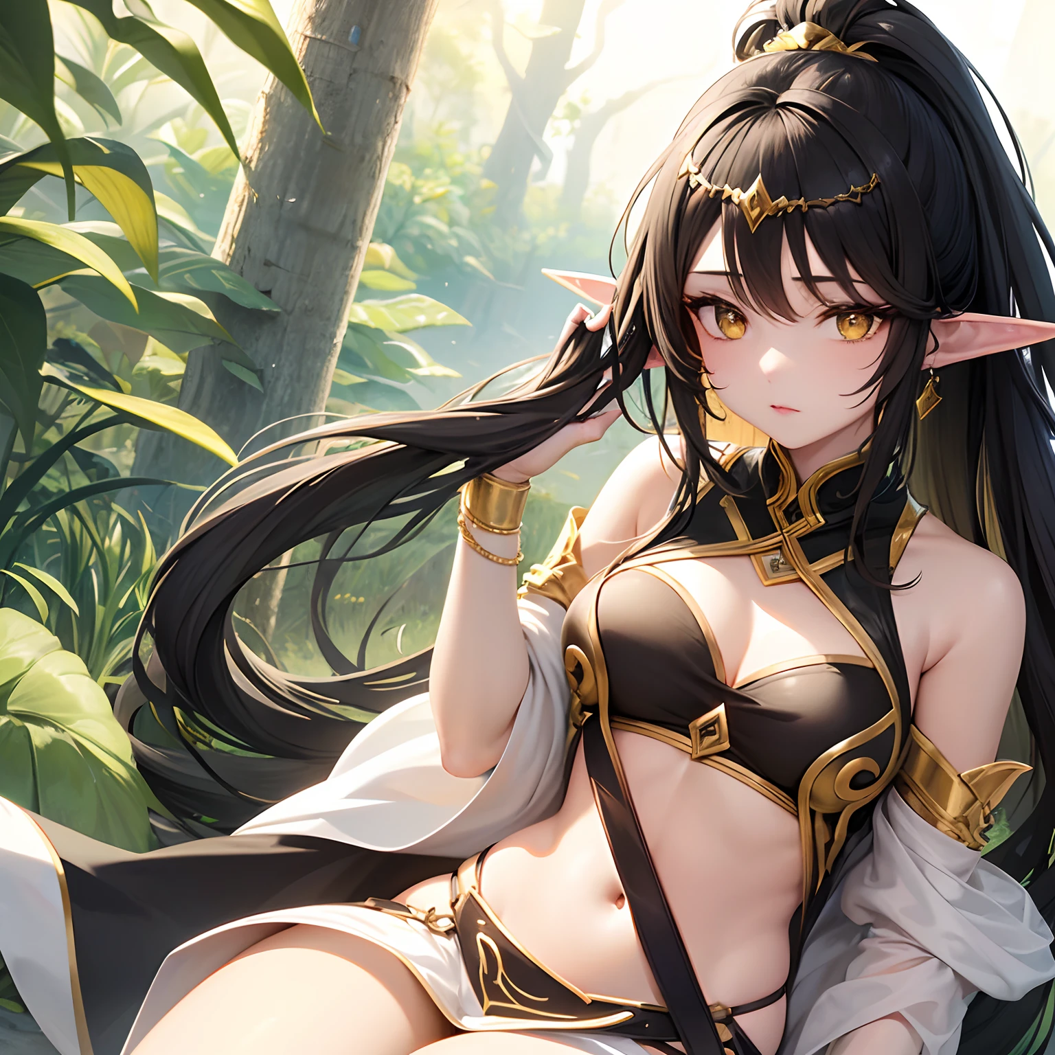 An elf woman with gold yellow eyes. She has long hair that is black and white. She has sleepy eyes and voluminous lips.