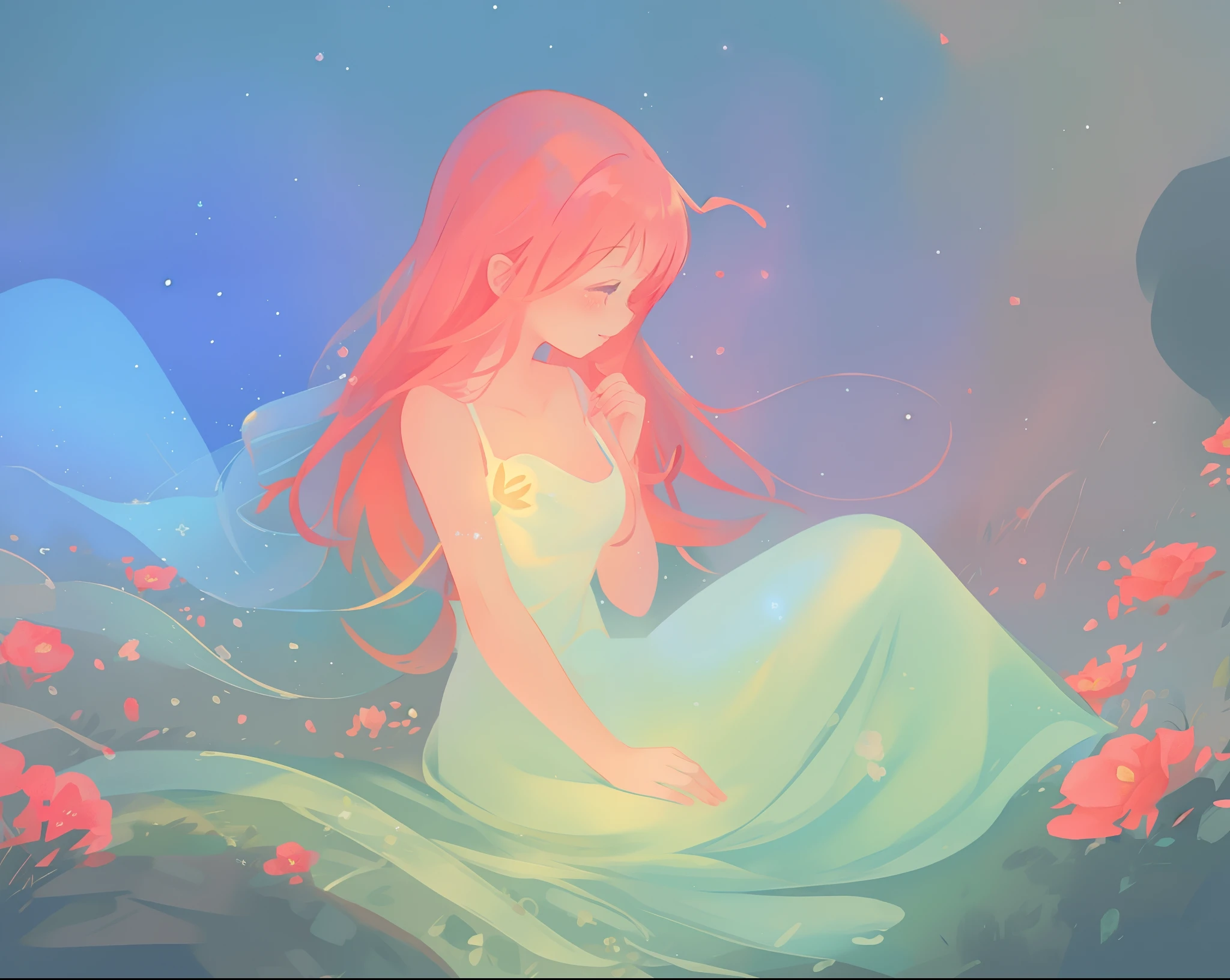 beautiful girl in white dress, fairy dress, beautiful girl sitting in a field with pink red flowers, glowing lights, whimsical landscape, long pink flowing hair, watercolor illustration, inspired by Glen Keane, inspired by Lois van Baarle, disney art style, by Lois van Baarle, glowing aura around her, by Glen Keane, jen bartel, glowing lights! digital painting, flowing glowing hair, glowing flowing hair, beautiful digital illustration, fantasia otherworldly landscape plants flowers, beautiful, masterpiece, best quality, anime disney style