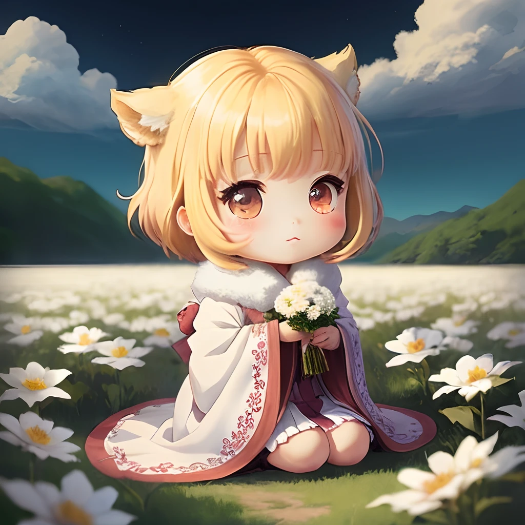 Anime style、robe blanche、kawaii、Chibi Chara Kirin、flower field