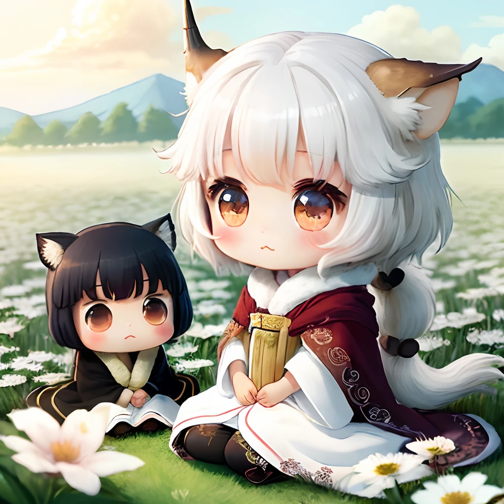Anime style、robe blanche、kawaii、Chibi Chara Kirin、flower  field