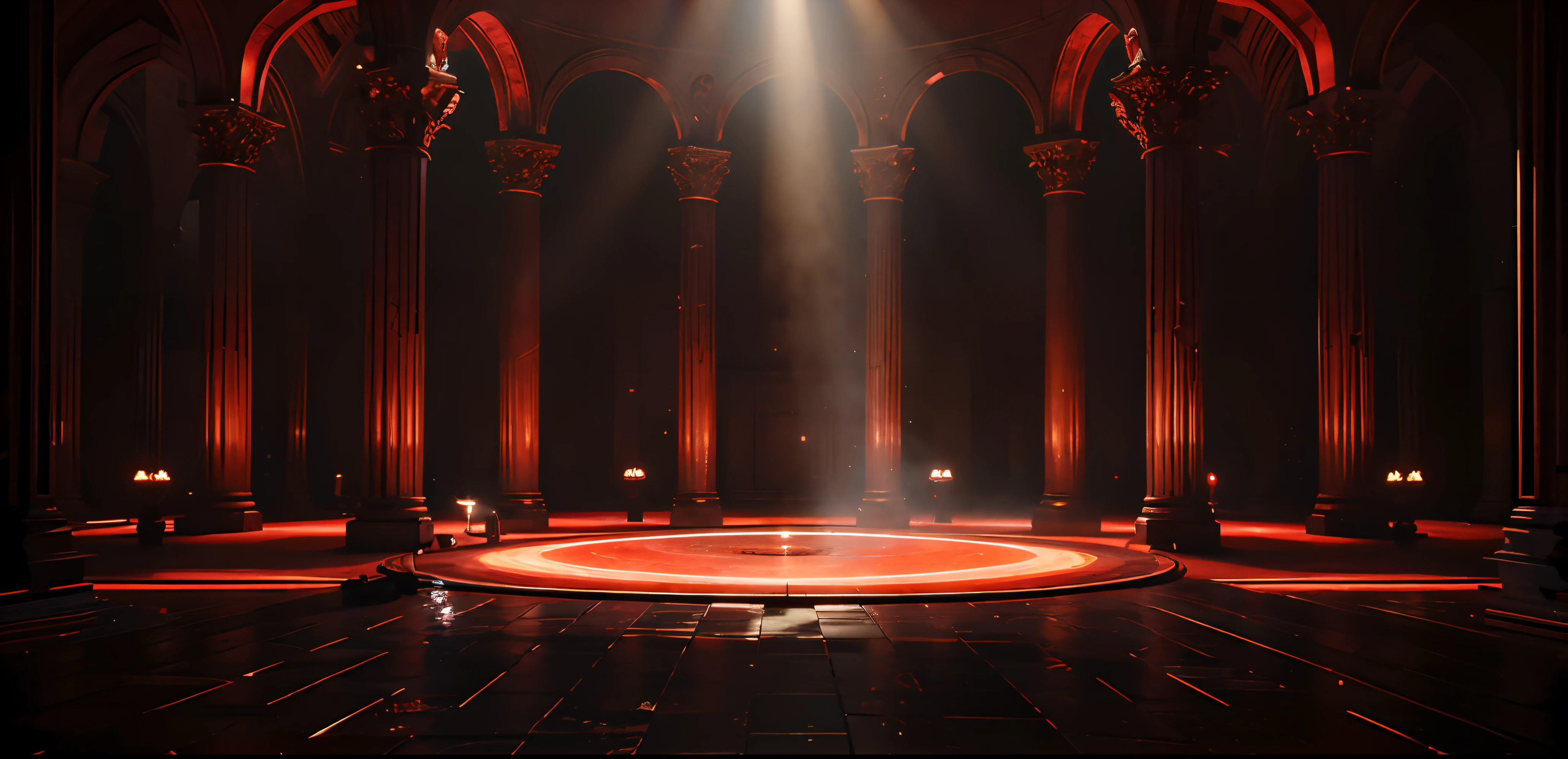 Arafed image of a stage with a circular light in the middle, dramatic lighting render, Unreal Engine 5 lighting, red and cinematic lighting, Dramatic lighting. concept-art, voluminetric lighting. Red, decadent throne room, Unreal Engine lumens, unreal engine 5 render dramatic, Throne Room, voluminetric lighting. fantasy, 8 k''. voluminetric lighting. Dark