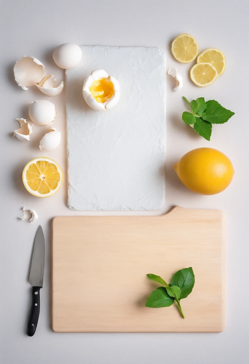 chopping board,Egg shells,farinha,Clara,Lemon meringue pie,Flat lying photography,Creative composition,professional photoshooting,