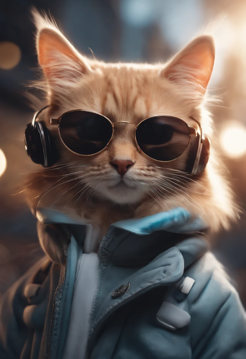 Perfect centering, cute little cat, Wear a jacket, Wearing sunglasses, Wearing headphones, cheerfulness, Standing position, Abstract beauty, Centered, Looking at the camera, Facing the camera, nearing perfection, Dynamic, Highly detailed, smooth, Sharp focus, 8K