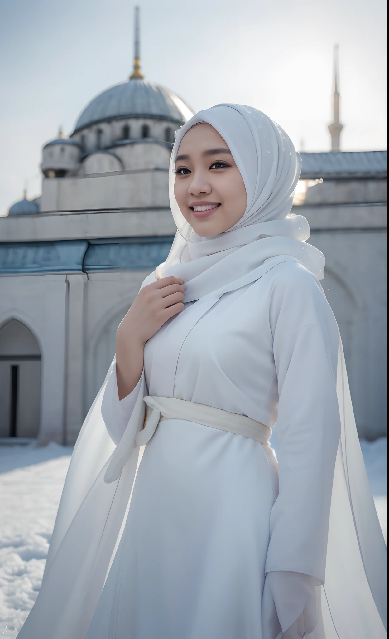 Best quality, 4K picture quality, 1 malay girl in hijab, white Hanfu, snow, long hijab fluttering in the wind, healing smile, large aperture, blurred background, blue mosque in background, movie shot framing, high quality, cinematic scene, cinematic lighting, cool ambient, ultra detail, 8k,