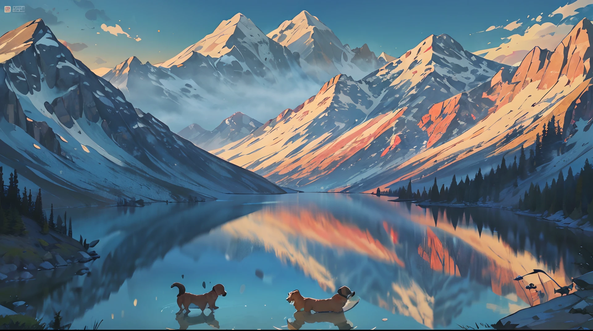 Disney Pixar Posters Movie, title: Dexter, Duke, & Lucy

A poster for (Dexter, Duke, & Lucy) with (2 medium size dogs, 1 small dog and 1 human girl, in the mountains next to a lake)