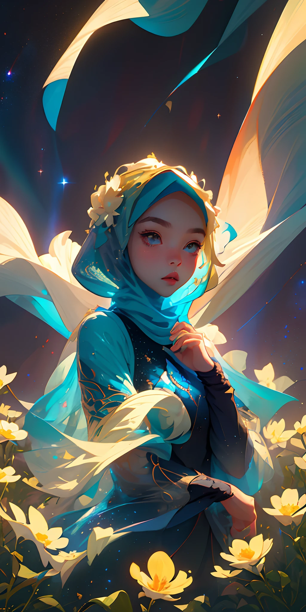 (best quality, masterpiece), 1 malay girl in hijab, pose, particle, wind, flower, upper body, simple background, looking at viewer, blonde, galaxy,