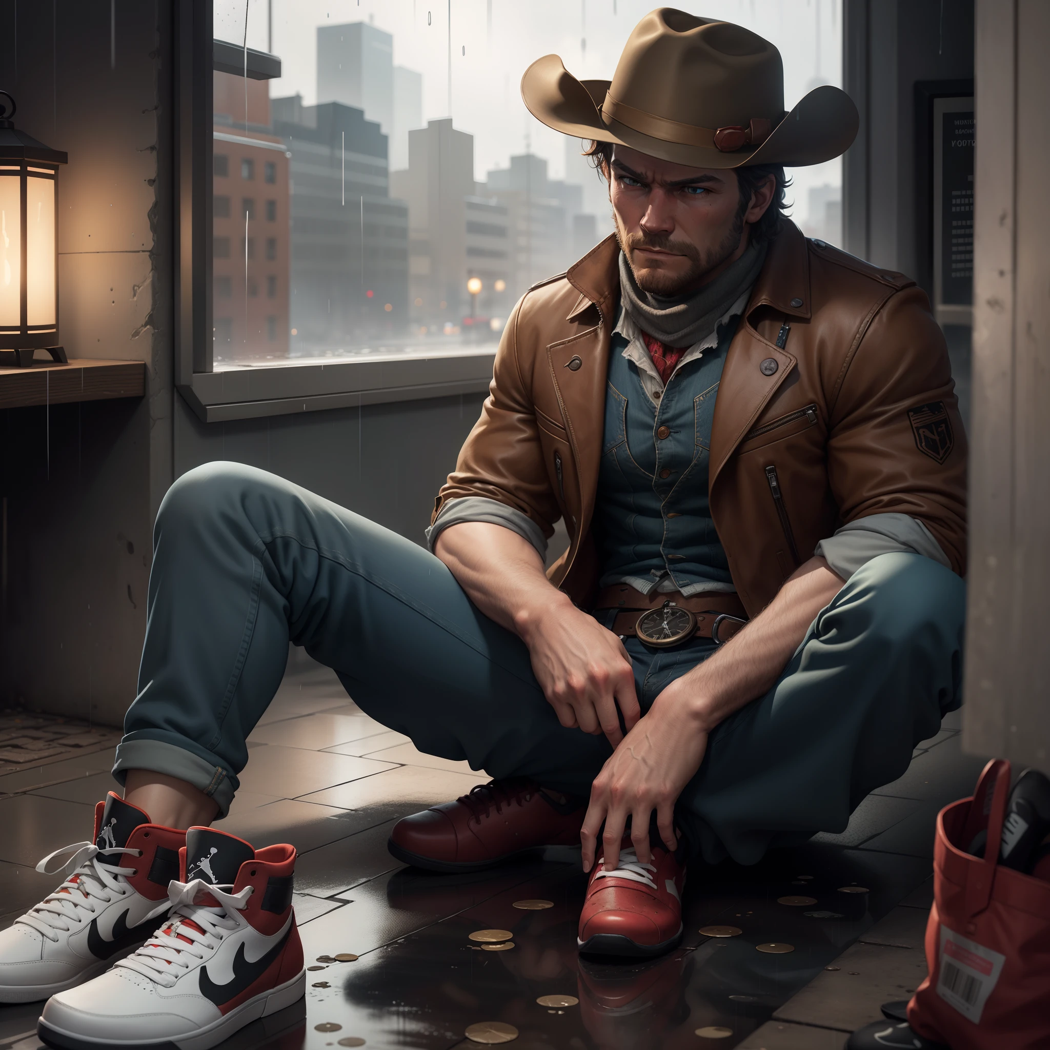 Sad arthur morgan sitting in the rain with jordans on