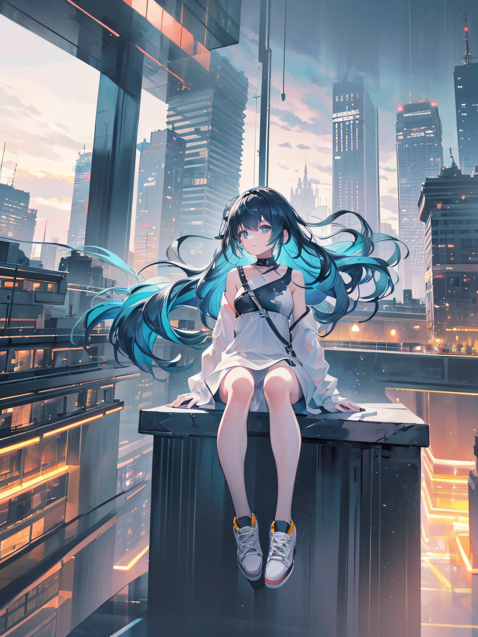A girl sitting on the edge of the top of a building, she is observing the entire city from above with several mirrored buildings, neon lights on the streets below, the girl is wearing white sneakers, hair in movement, {unit CG wallpaper of 16k extremely detailed}, expansive landscape photography, (a low view focusing on the character and setting), (wide open field view), (low angle shot), (high light: 1.2), (low light: 1.8), (warm light source: 1.4), complex details, (iridescent colors: 1.5), (bright lighting), (atmospheric lighting), dreamy, aesthetic, night