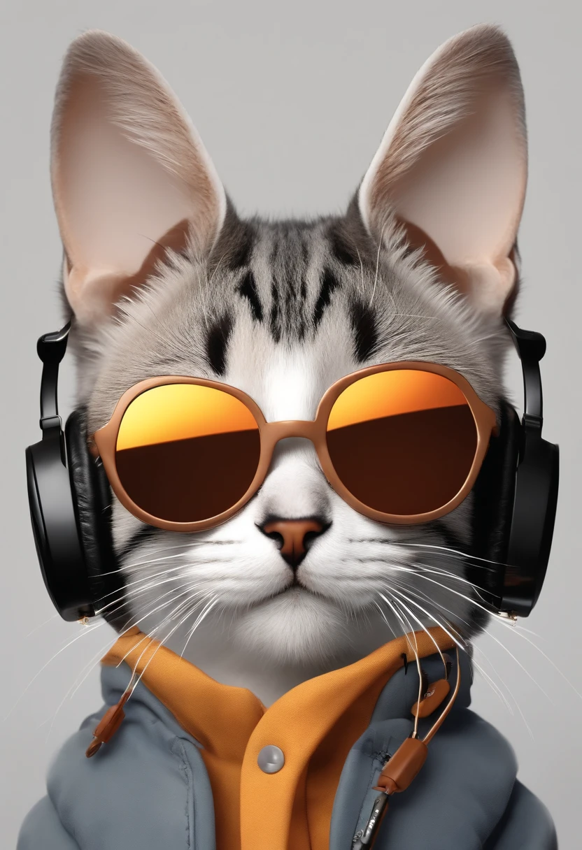 Perfect centering, cute little cat, Wear a jacket, Wearing sunglasses, Wearing headphones, cheerfulness, Standing position, Abstract beauty, Centered, Looking at the camera, Facing the camera, nearing perfection, Dynamic, Highly detailed, smooth, Sharp focus, 8K