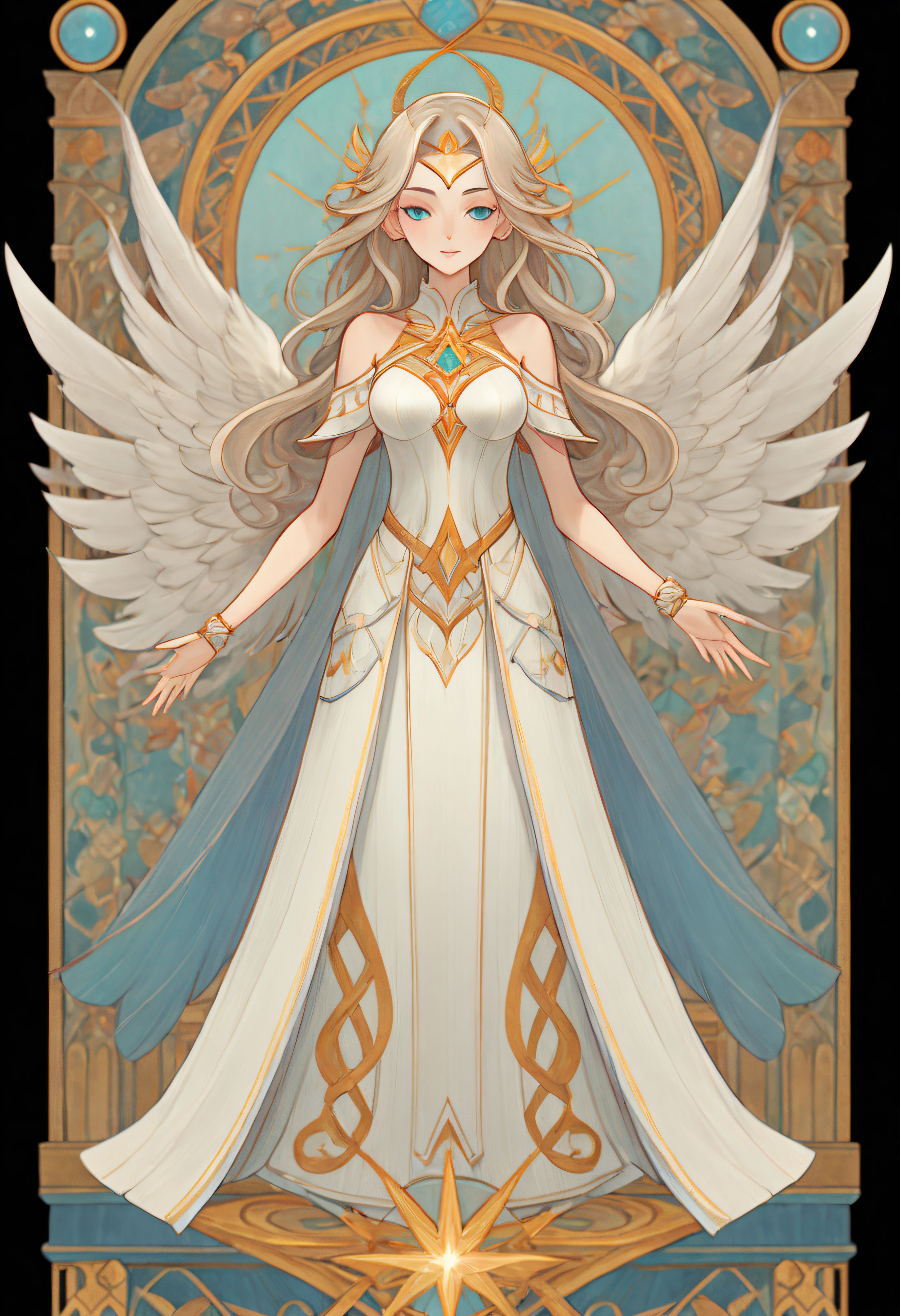 Full body portrait of 1 girl, angelicales, Angel wings, Gorgeous long dress, standing on your feet, (((独奏))), Clear facial features, Simple line design, ((tarot card background, symmetric beauty)), perfectly symmetrical, The art of symmetry, Standing drawings of characters, ((flatcolors)), tmasterpiece，top Quority，best qualtiy，超高分辨率, ((Clear facial features，beautidful eyes，beauitful face, Exquisite facial features))