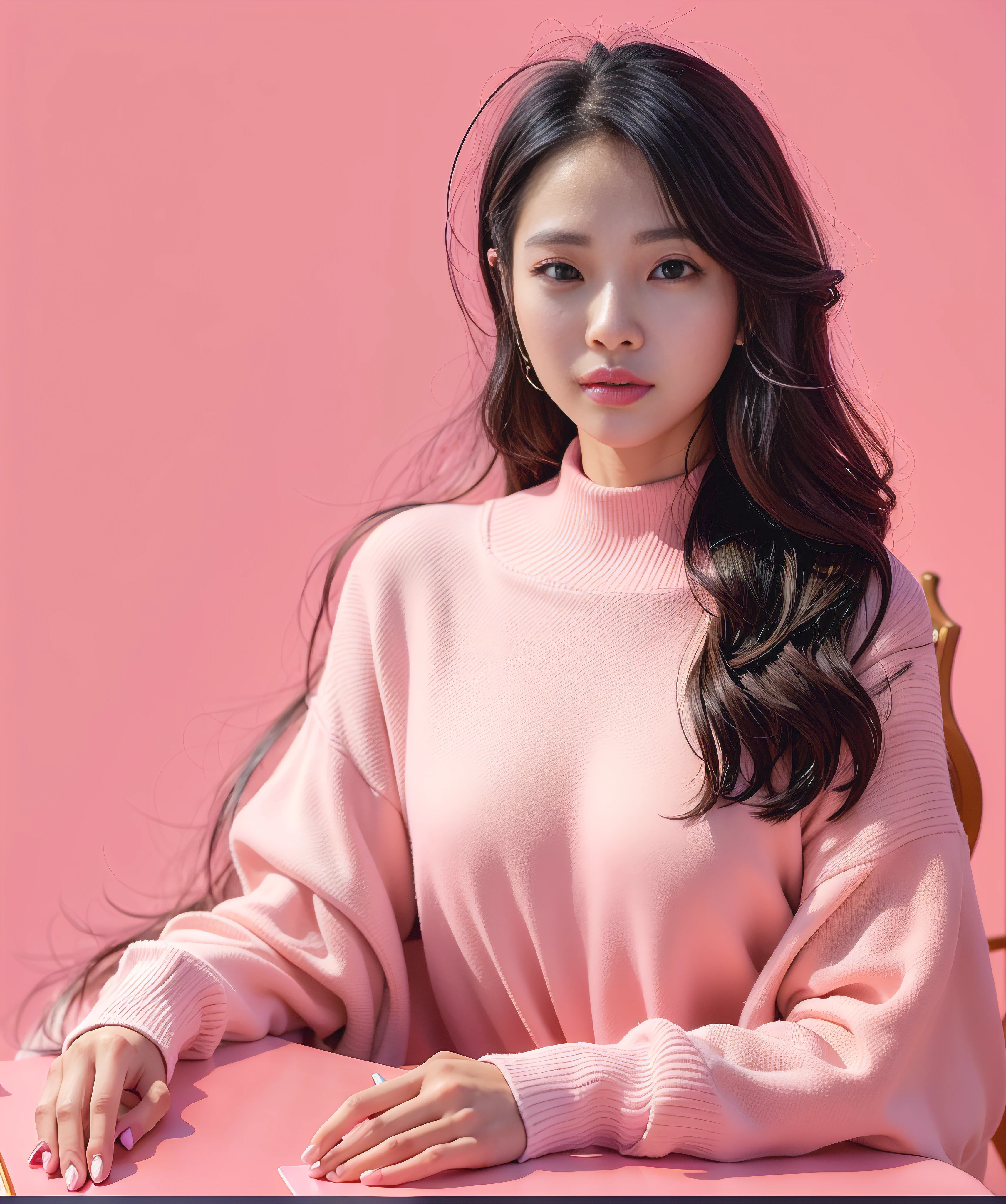 Image of a woman sitting at a table on a pink background, beautiful Korean women, portrait of female korean idol, korean artist, inspired by Sim Sa-jeong, female actress from korea, Gorgeous young Korean woman, cute korean actress, Beautiful young Korean woman, Korean woman, Lee Ji-eun, lee ji eun, Korean girl