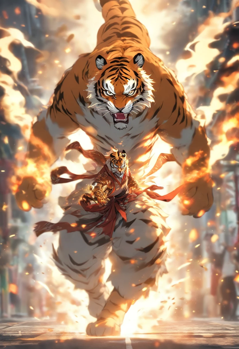 Tiger fighter in malay traditional outfit, in a fighting posture, On the road, to stand, White Tiger, humenoid body, bokeh, high quality, cinematic lighting, dramatic smoke effect on the ground,