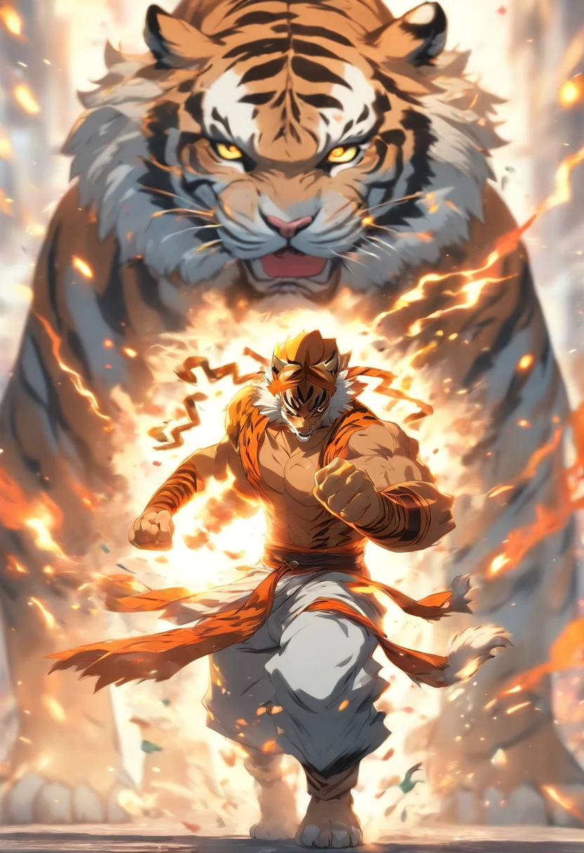 Tiger fighter in malay traditional outfit, in a fighting posture, On the road, to stand, White Tiger, humenoid body, bokeh, high quality, cinematic lighting, dramatic smoke effect on the ground,
