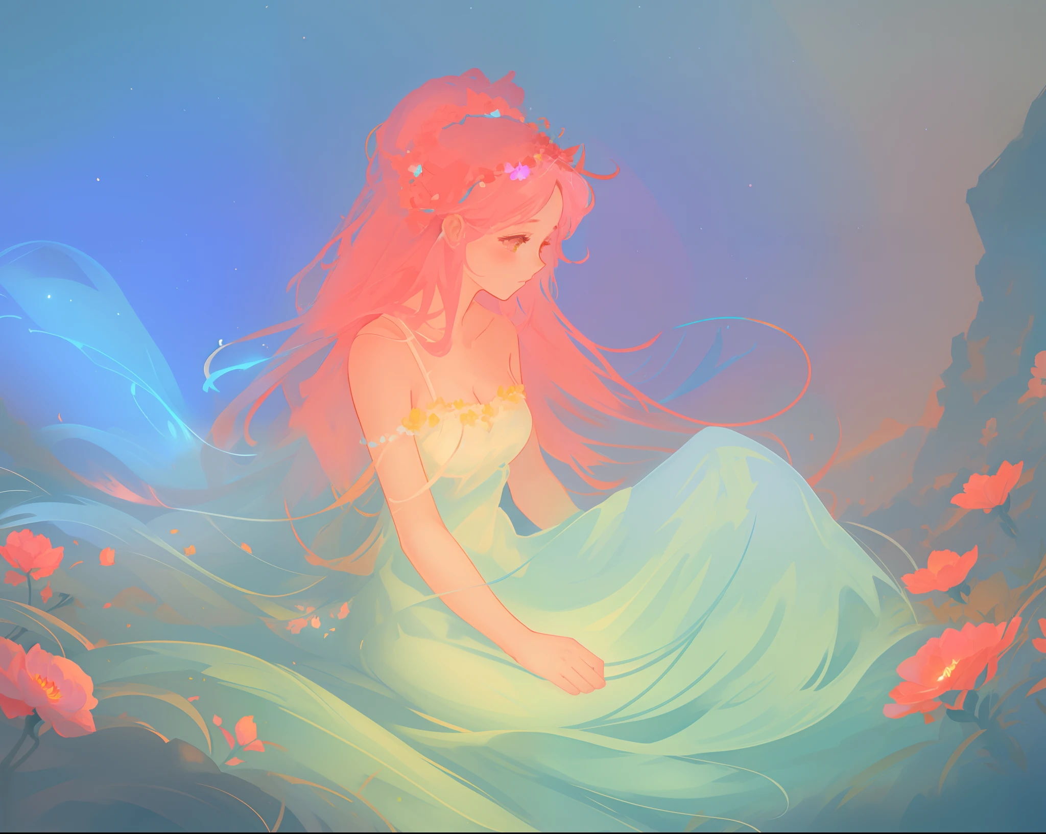 beautiful girl in white dress, fairy dress, beautiful girl sitting in a field with pink red flowers, glowing lights, whimsical landscape, long pink flowing hair, watercolor illustration, inspired by Glen Keane, inspired by Lois van Baarle, disney art style, by Lois van Baarle, glowing aura around her, by Glen Keane, jen bartel, glowing lights! digital painting, flowing glowing hair, glowing flowing hair, beautiful digital illustration, fantasia otherworldly landscape plants flowers, beautiful, masterpiece, best quality, anime disney style