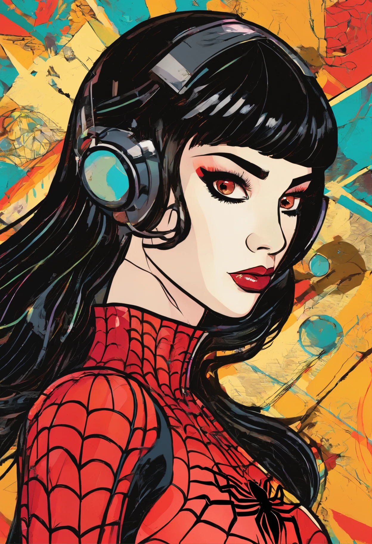 Spider verse character, woman , pitch black hair with bangs , dark brown eyes, light skin, red and black spider suit,