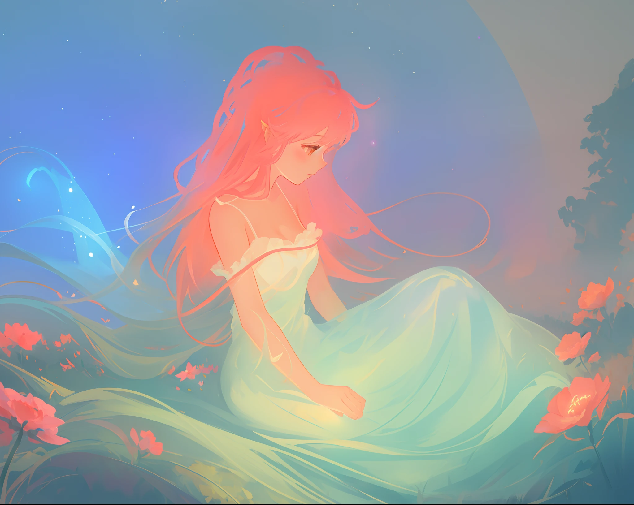 beautiful girl in white dress, fairy dress, beautiful girl sitting in a field with pink red flowers, glowing lights, whimsical landscape, long pink flowing hair, watercolor illustration, inspired by Glen Keane, inspired by Lois van Baarle, disney art style, by Lois van Baarle, glowing aura around her, by Glen Keane, jen bartel, glowing lights! digital painting, flowing glowing hair, glowing flowing hair, beautiful digital illustration, fantasia otherworldly landscape plants flowers, beautiful, masterpiece, best quality, anime disney style