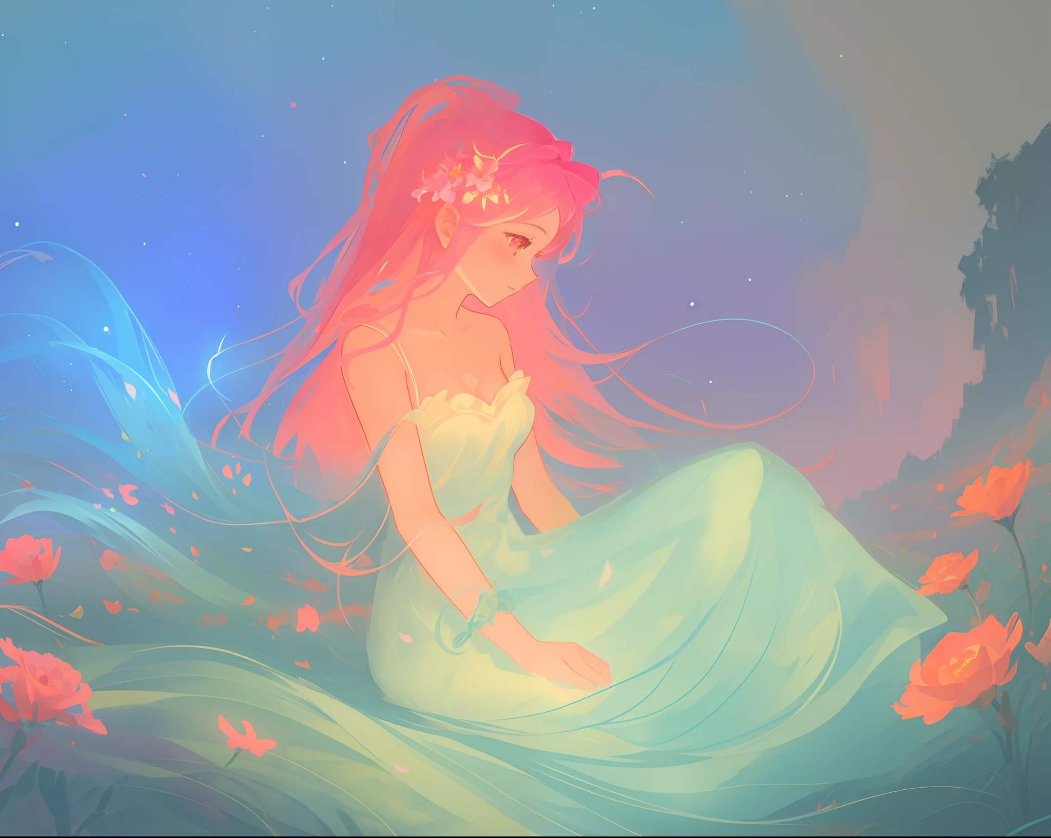 beautiful girl in white dress, fairy dress, beautiful girl sitting in a field with pink red flowers, glowing lights, whimsical landscape, long pink flowing hair, watercolor illustration, inspired by Glen Keane, inspired by Lois van Baarle, disney art style, by Lois van Baarle, glowing aura around her, by Glen Keane, jen bartel, glowing lights! digital painting, flowing glowing hair, glowing flowing hair, beautiful digital illustration, fantasia otherworldly landscape plants flowers, beautiful, masterpiece, best quality, anime disney style